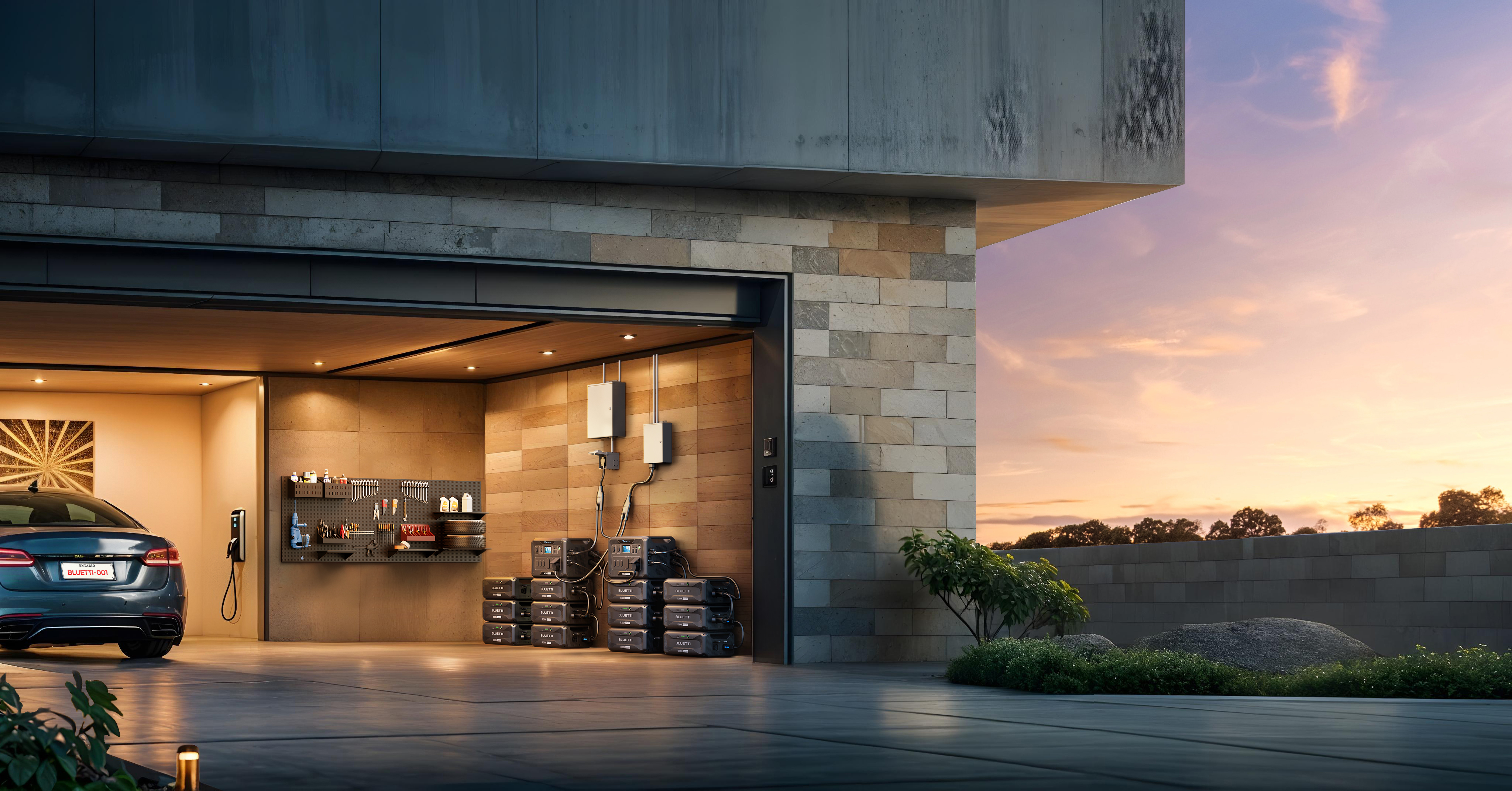 Nowoczesny garaż z zaparkowanym w środku samochodem, z konfiguracją zasilania i jednostkami magazynowymi.