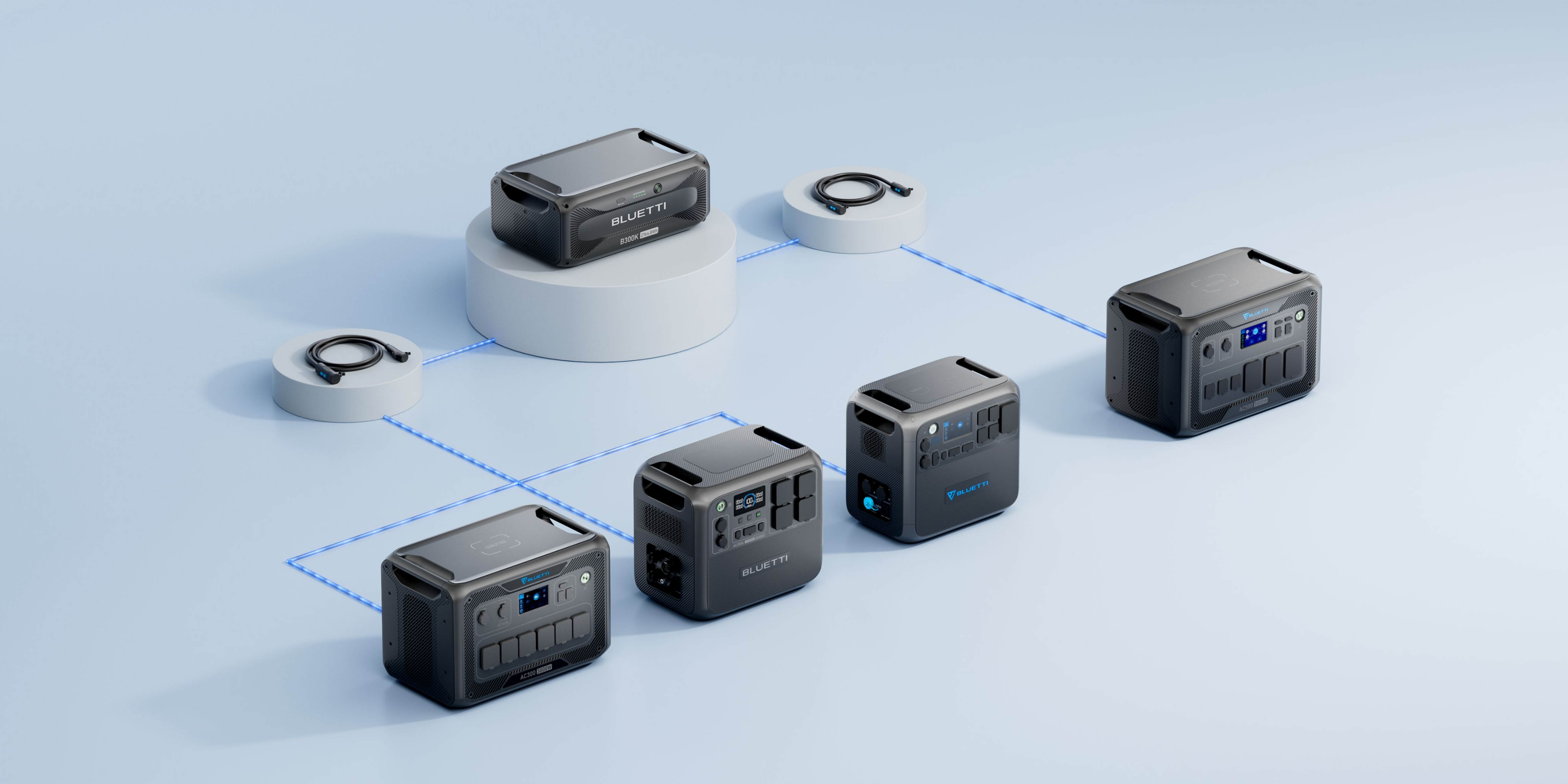 Kilka czarnych elektrowni z kablami, połączonych z centralnym węzłem, na niebieskim tle.