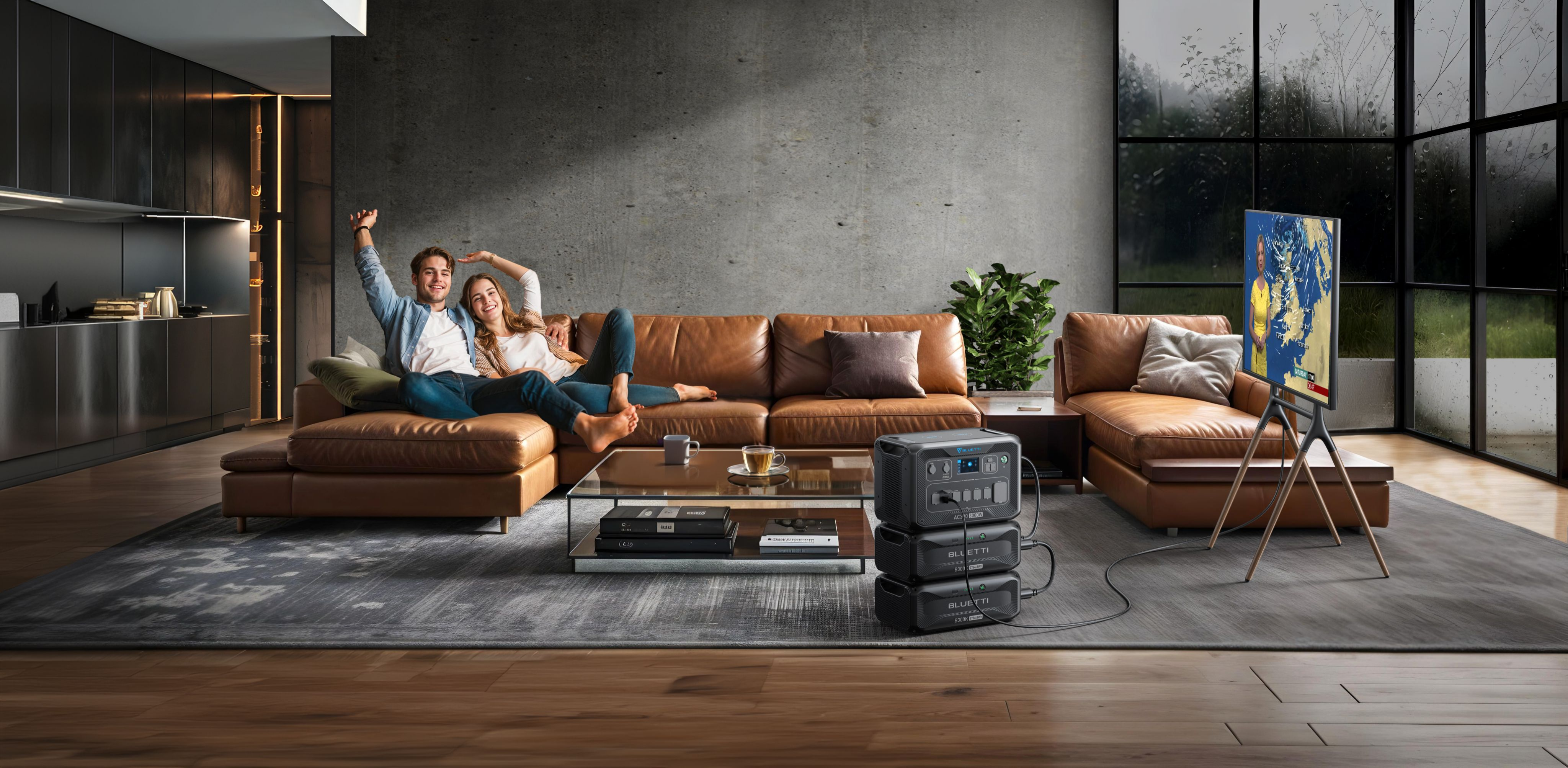 Para relaksująca się na brązowej skórzanej sofie, oglądająca telewizję. Elektrownia i kable z przodu.