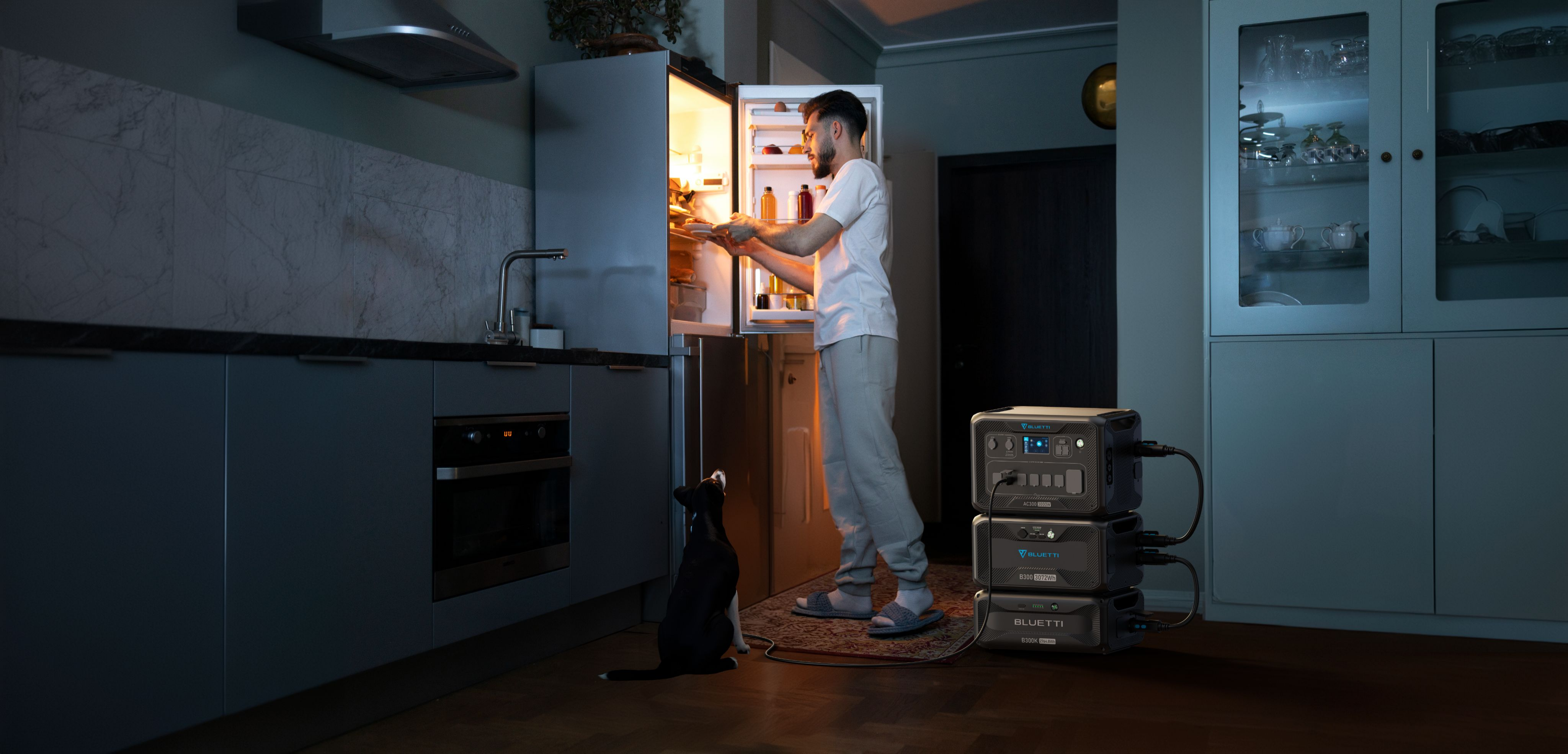 Wnętrze kuchni: Mężczyzna przy lodówce, pies na dywanie, ułożone elektrownie i szafki.