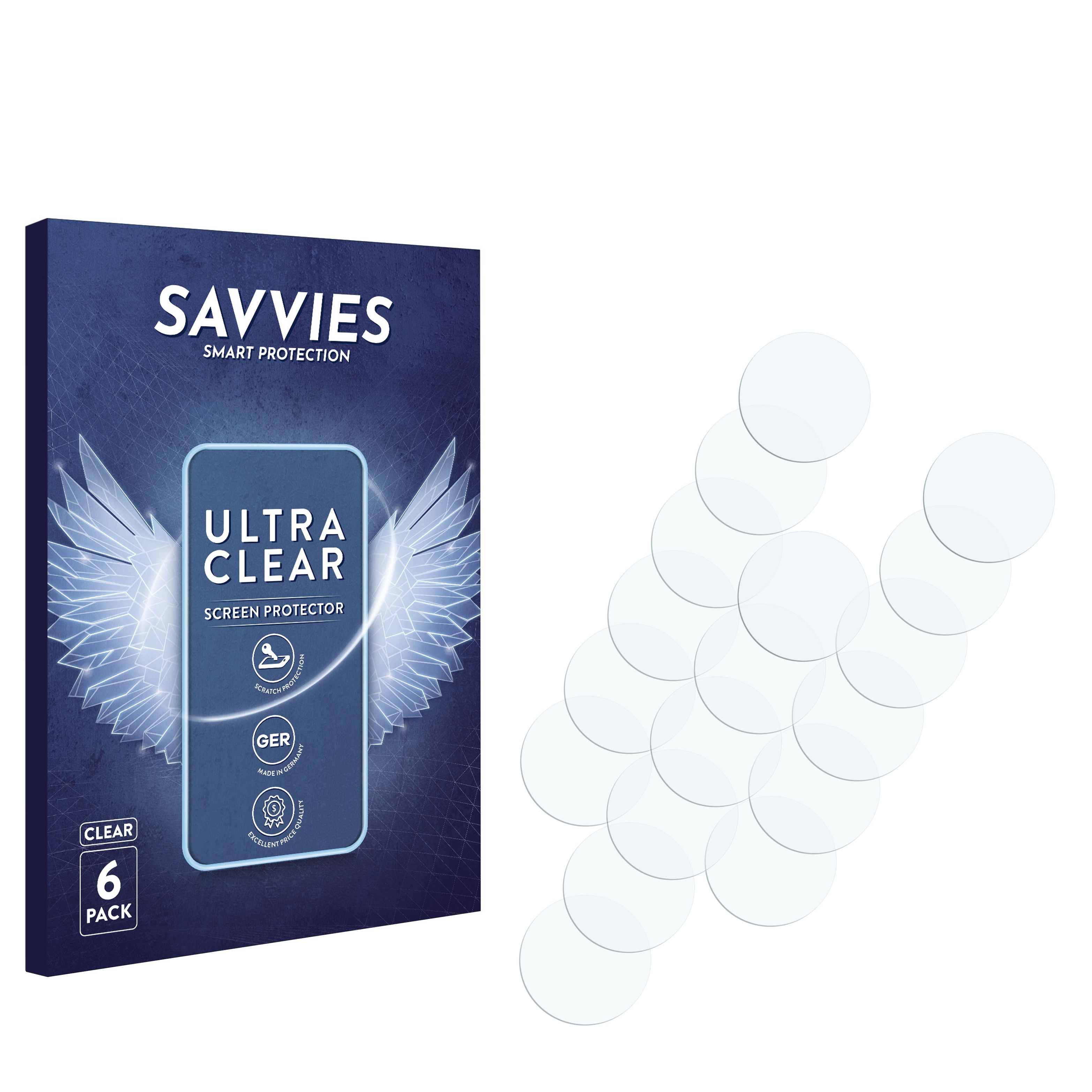 Eine Packung Displayschutzfolien für ein Telefon. Die Packung ist blau mit klaren, kreisförmigen Schutzfolien.