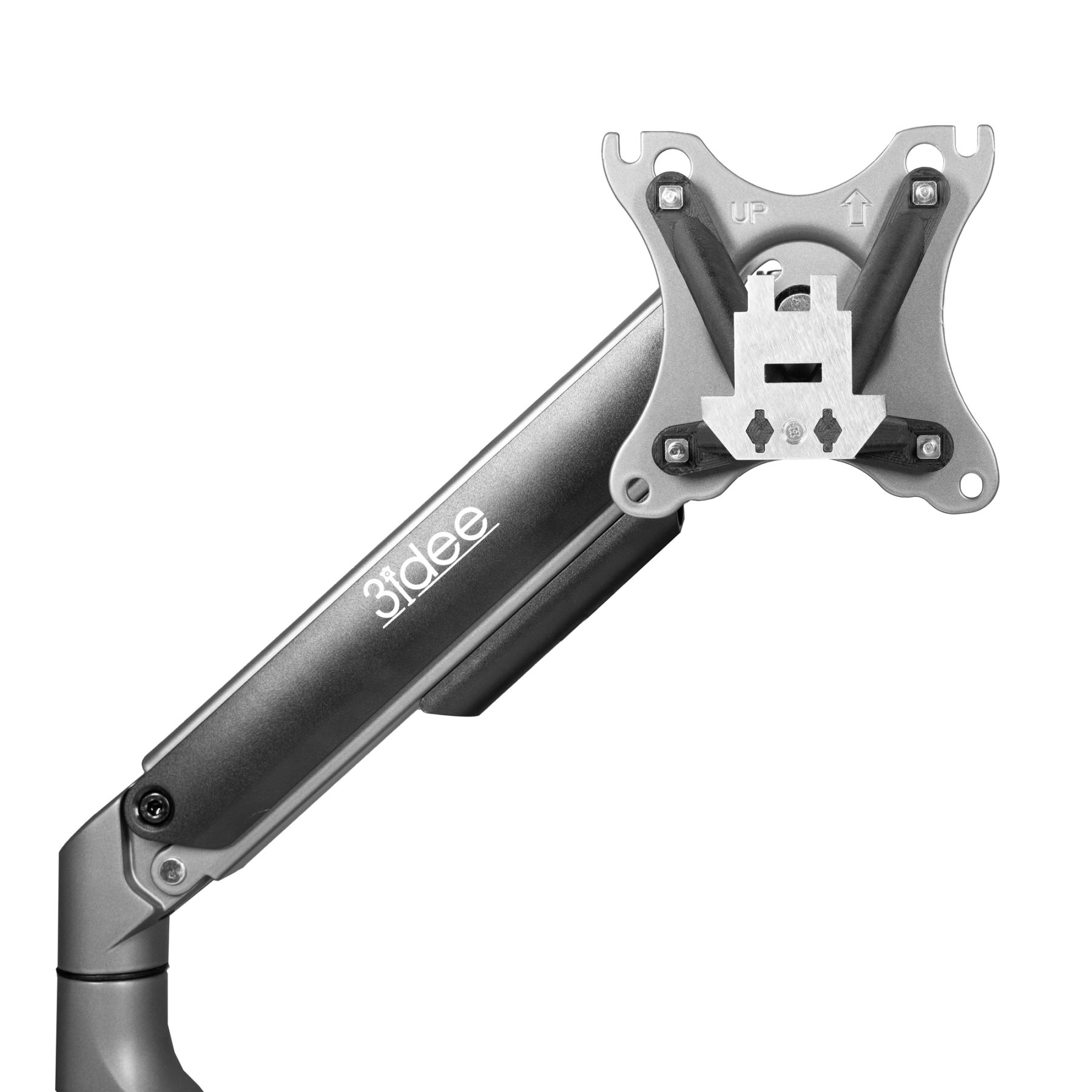 Silberner Monitorarm zur Schreibtischmontage. Der Arm ist grau mit modernem Design und der Marke 3ideee.