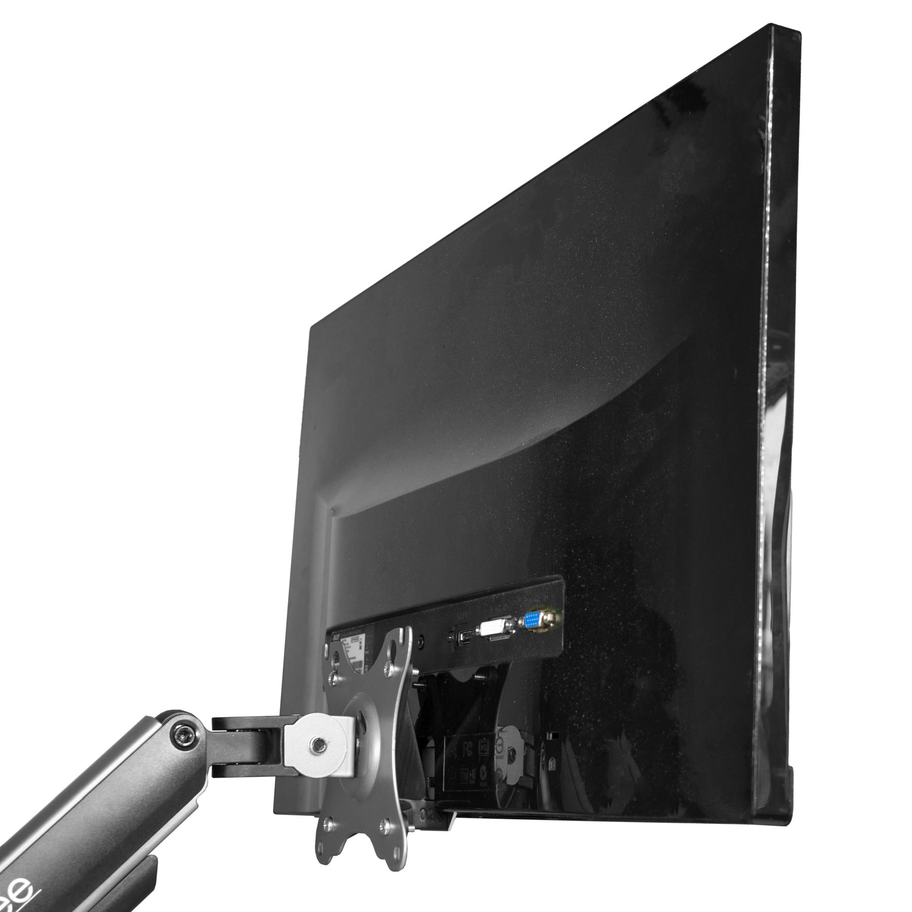 Schwarzer Computermonitor mit silberner Halterung, Rückseite mit Anschlüssen.