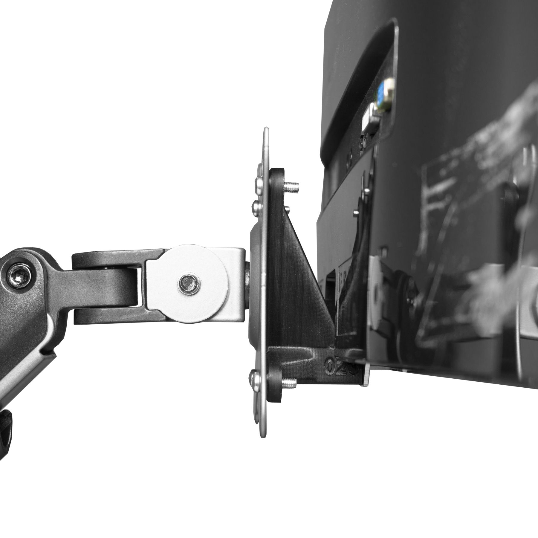 Ein Monitorarm, der mit einem Monitor verbunden ist. Der Arm ist grau, der Monitor ist schwarz. Schrauben sind sichtbar.