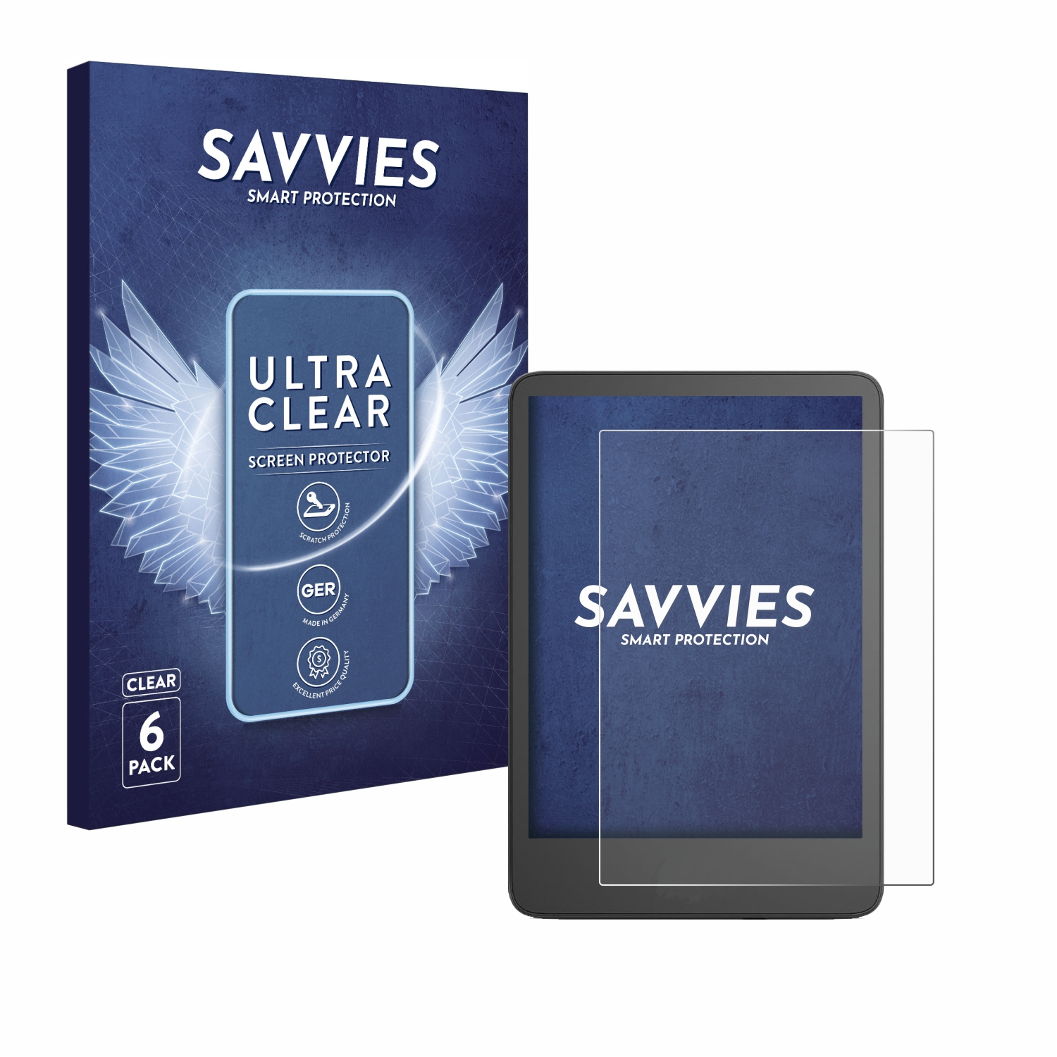 Eine Displayschutzfolienbox und ein Tablet mit klarer Schutzfolie auf dem Bildschirm. Die Box sagt 'Ultra Clear'.