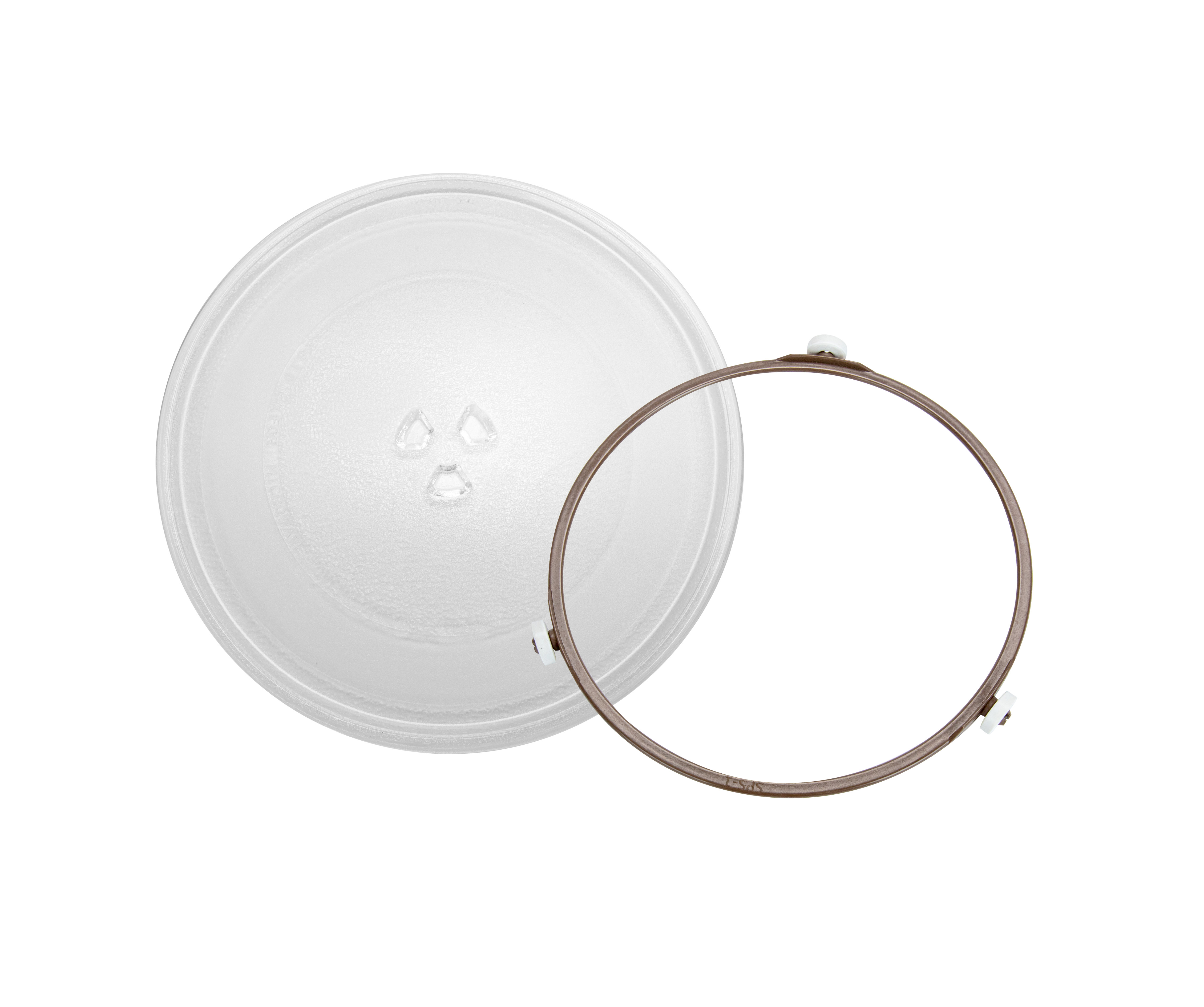 A clear glass plate with a brown ring and a clear glass plate on the left side. White background.
