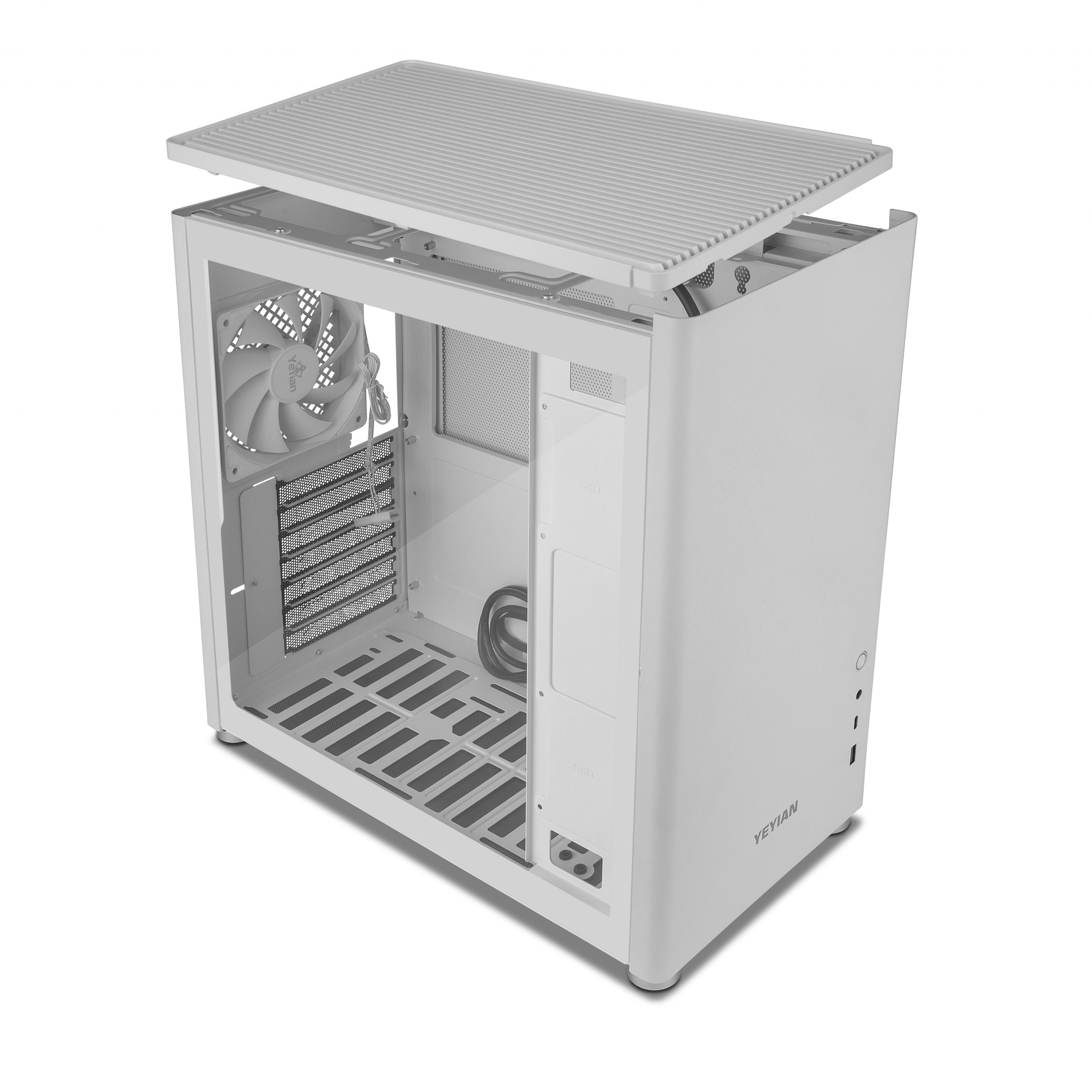 Una caja de computadora blanca está abierta, mostrando los componentes internos. La cubierta superior está quitada.