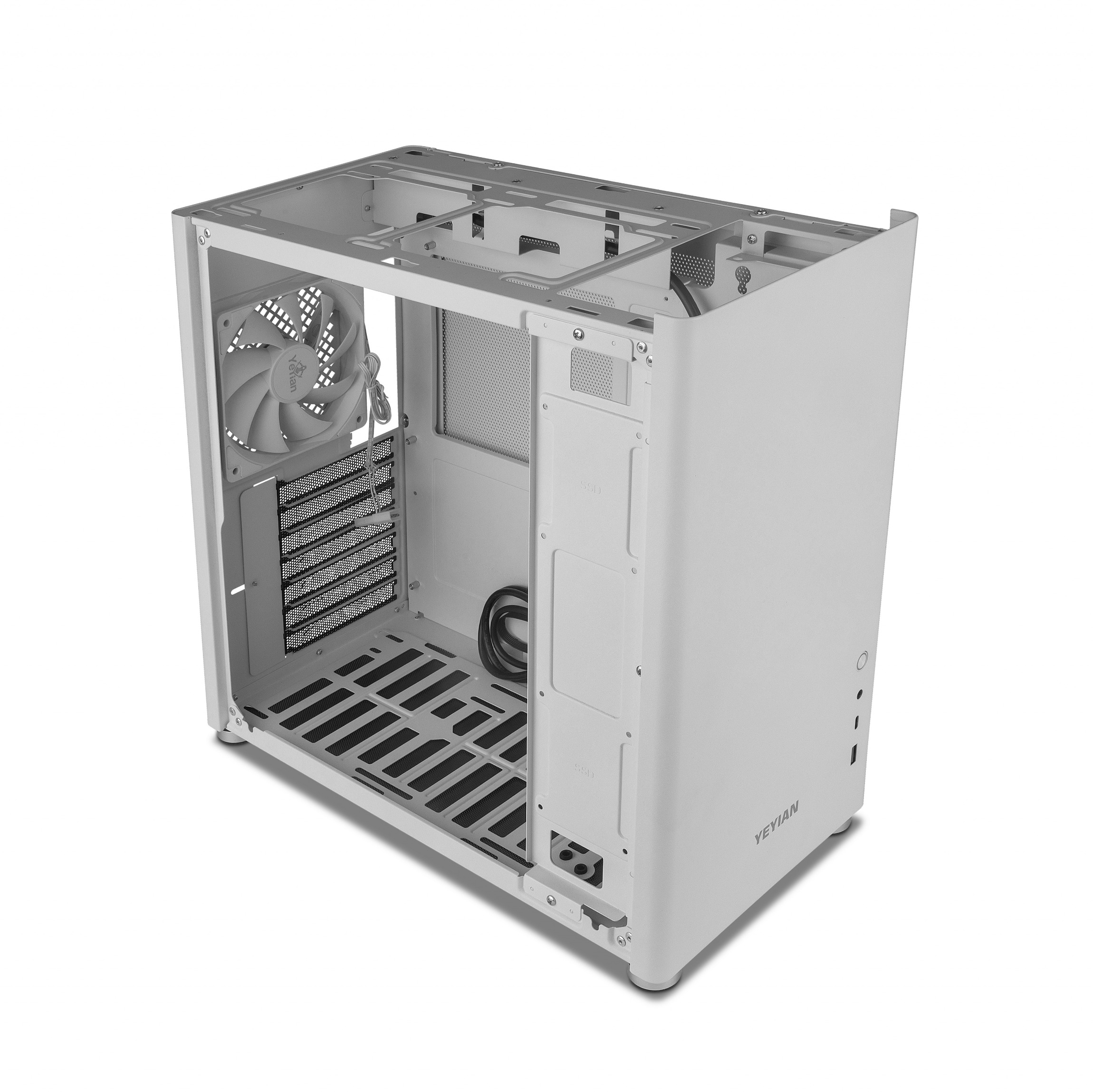 Caja de PC blanca abierta. Ventilador, componentes internos visibles. Fondo blanco.