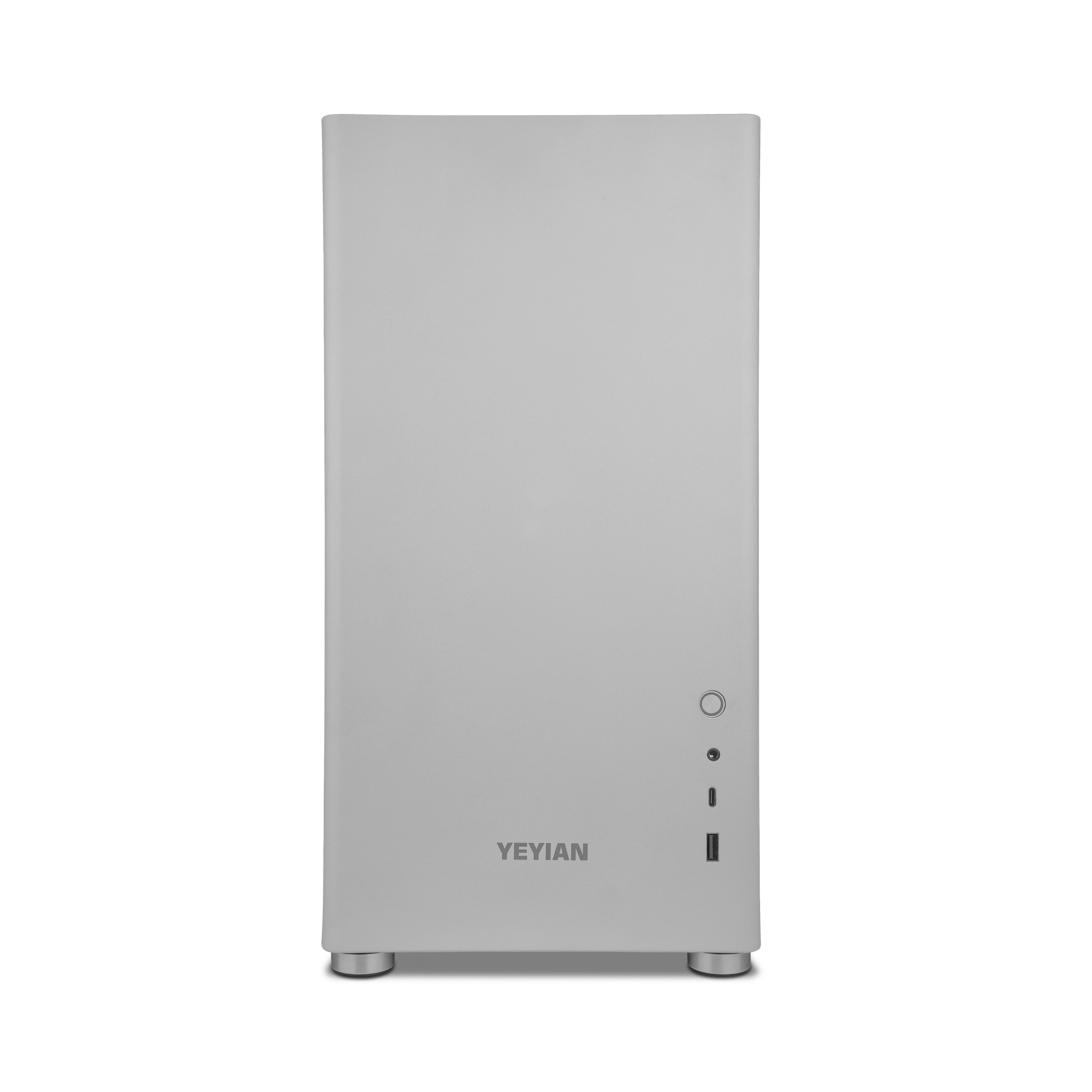 Una caja de computadora Yeyian plateada sobre fondo blanco, con botones.