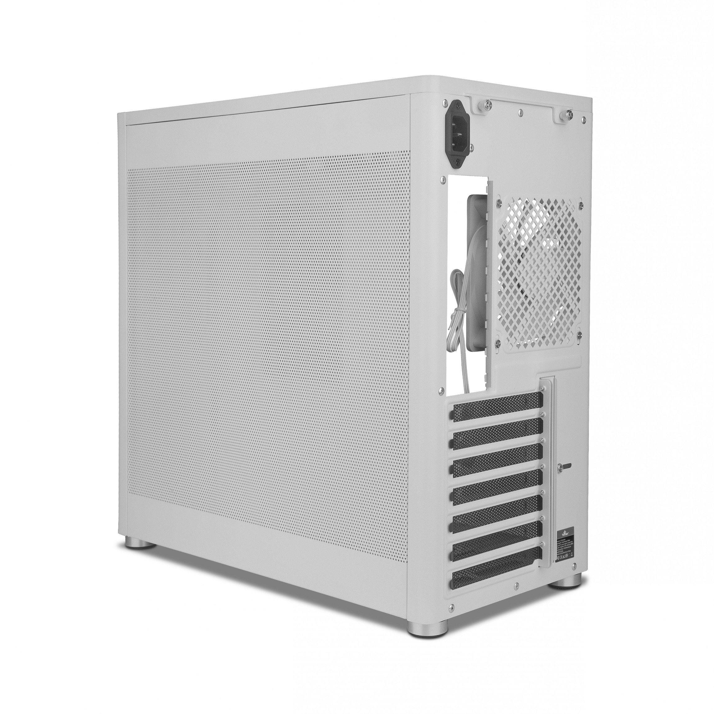 Carcasa de computadora blanca. La parte trasera tiene un ventilador, puertos y ventilaciones. El lado tiene malla.