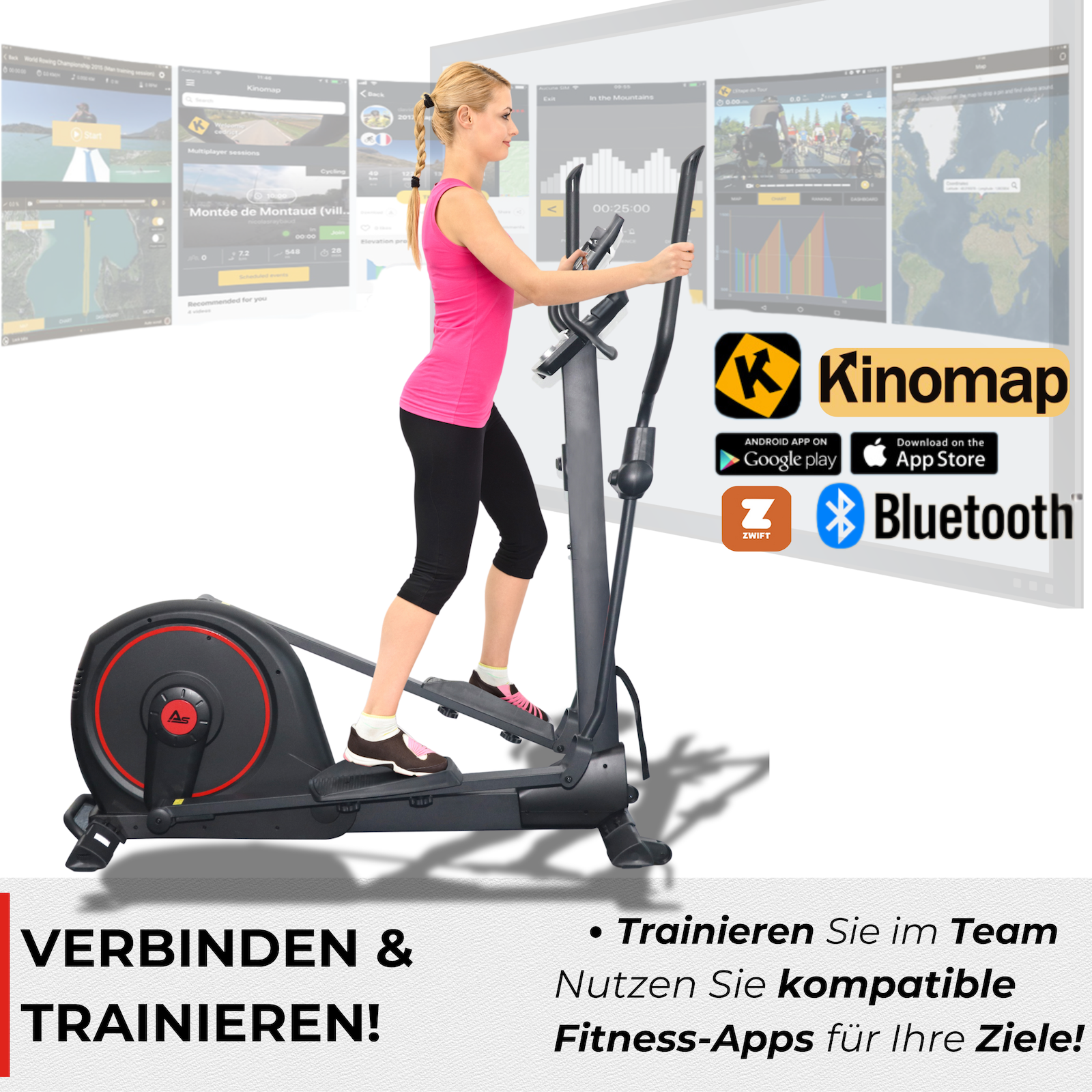 Frau auf einem Ellipsentrainer mit App-Symbolen. Text: Verbinden & Trainieren. Apps: Kinomap, Zwift und Bluetooth.