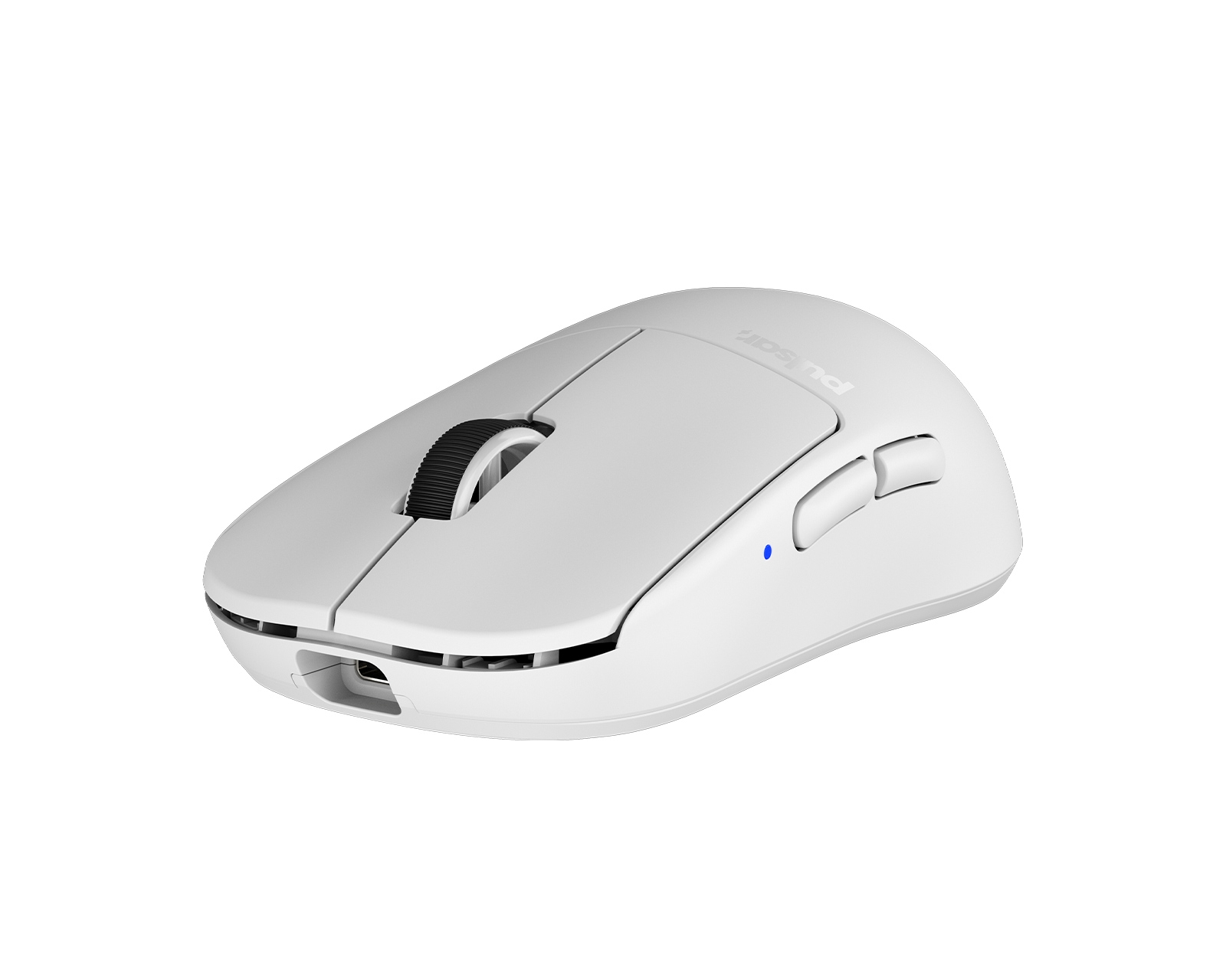 Eine weiße kabellose Maus mit einem Scrollrad und zwei Seitentasten.