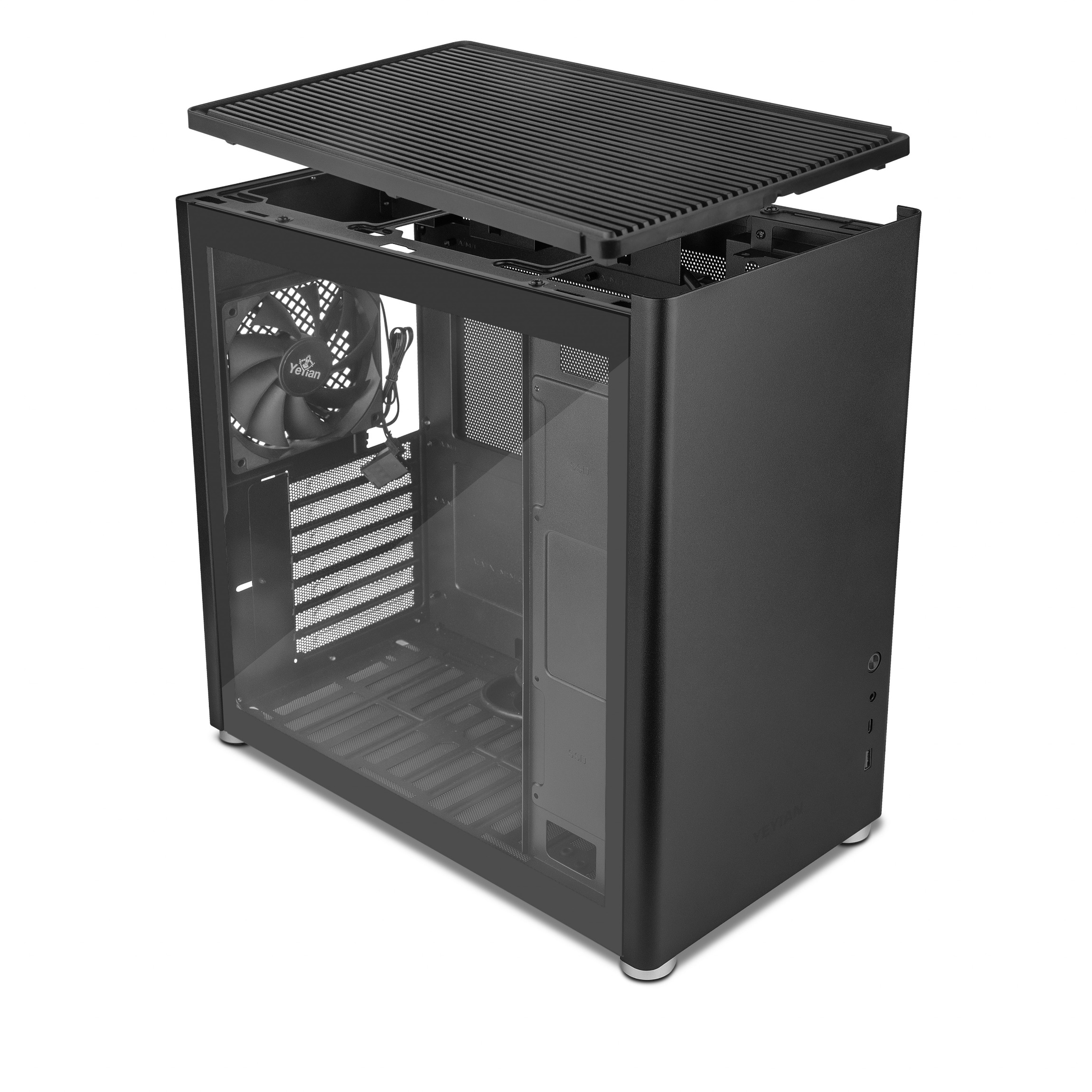Case per computer nero, con il coperchio superiore aperto, che rivela i componenti interni.