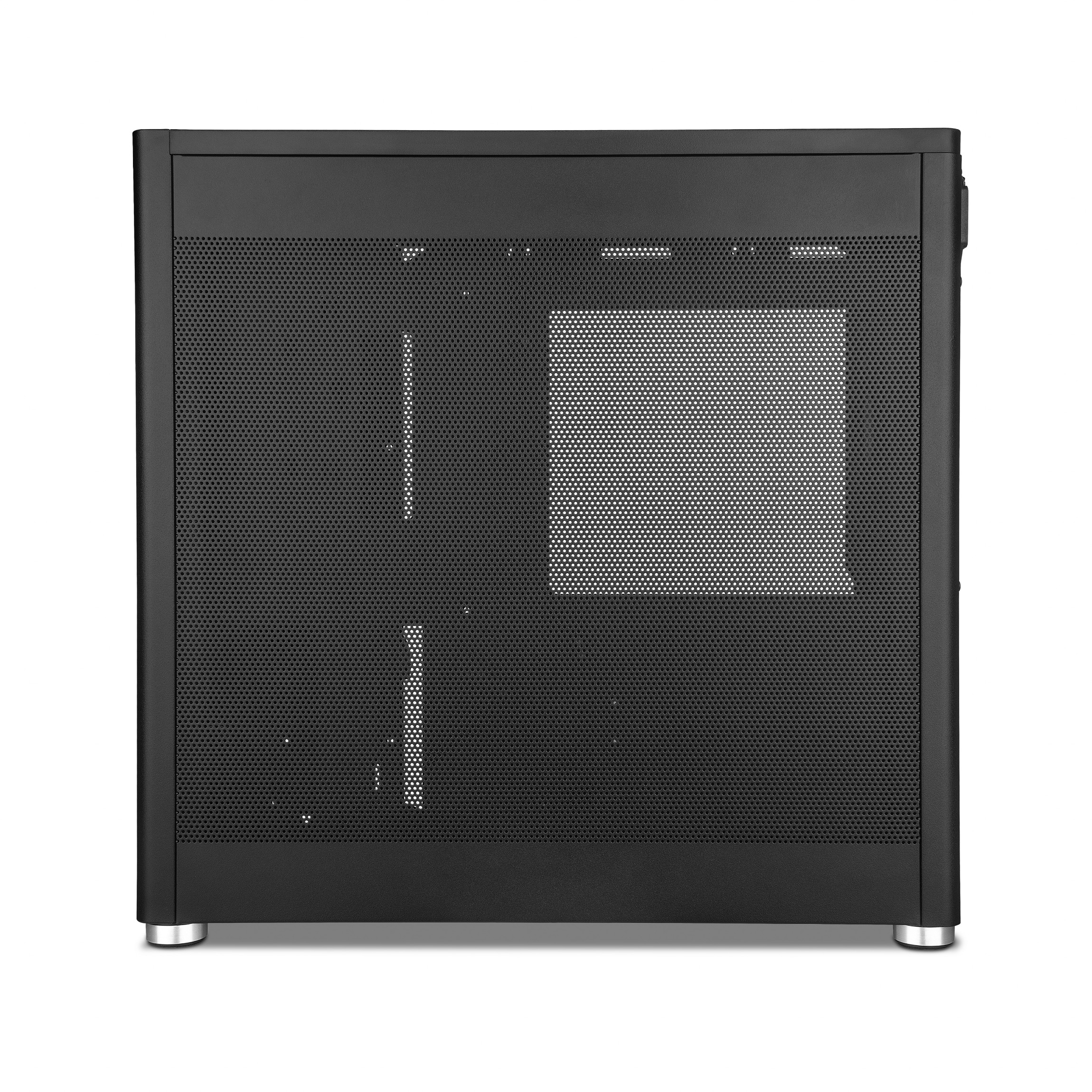 Case per computer nero con pannello frontale a rete e piedini argentati.