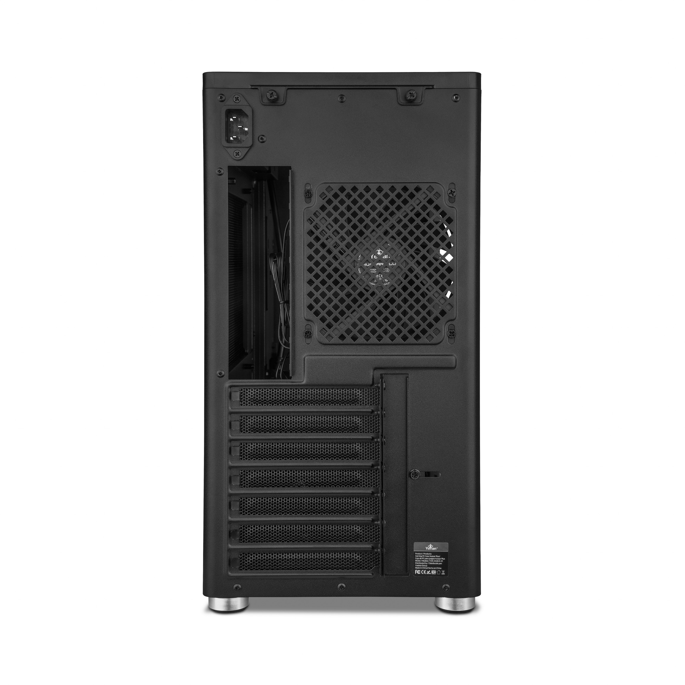 Retro di un case per computer nero. Ventola, porte e prese d'aria visibili.