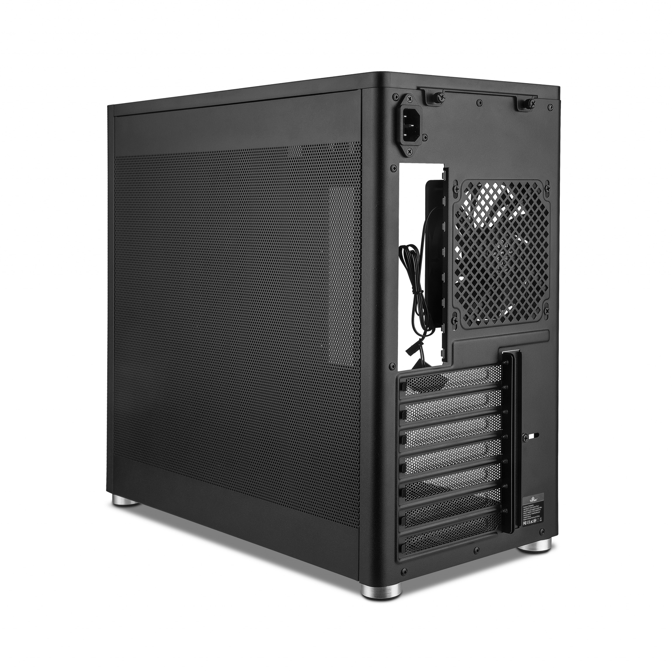 Un case per computer nero con un pannello laterale a rete e una presa d'aria, vista da dietro.