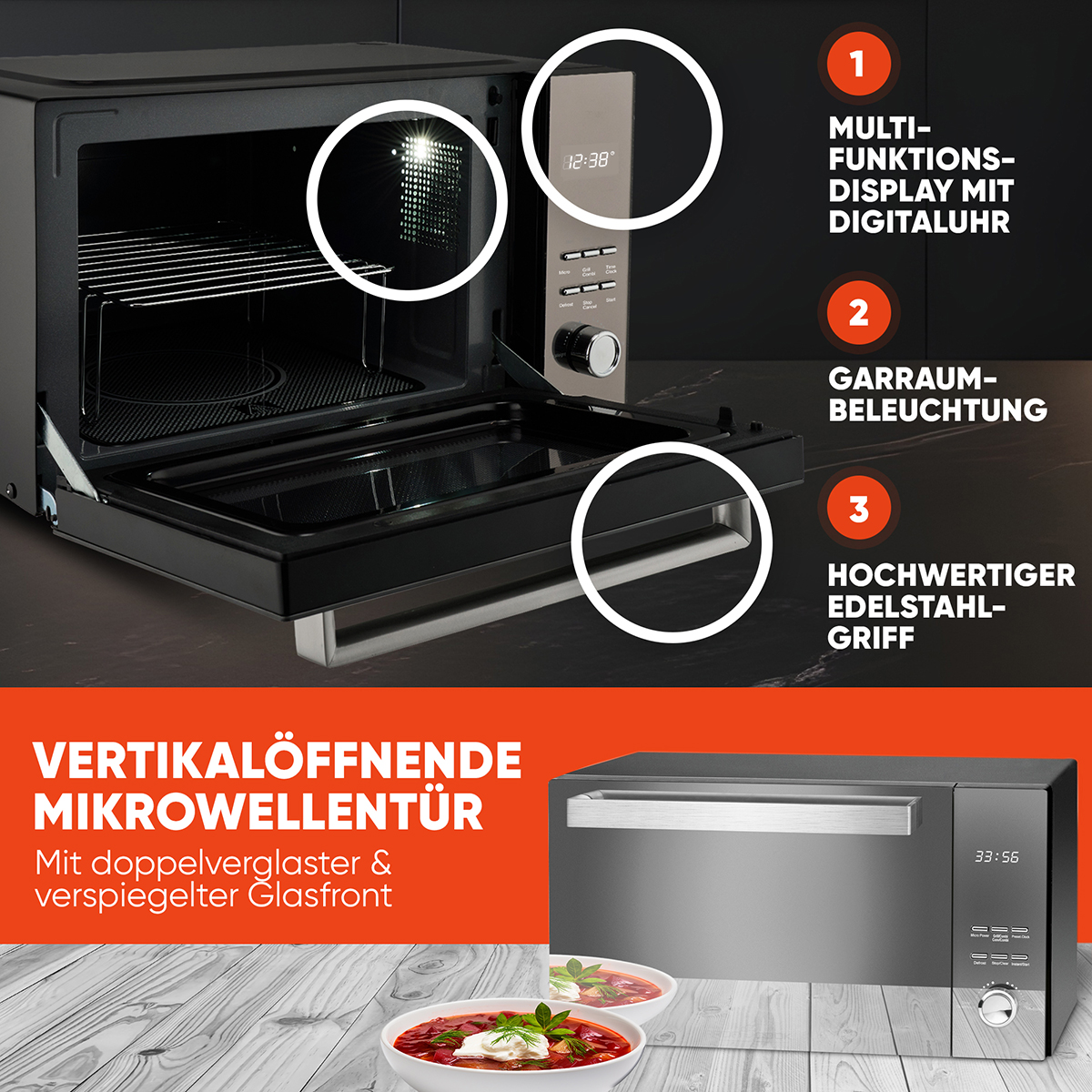 Kuchenka mikrofalowa. Tekst i okręgi podkreślają funkcje. Miski z jedzeniem na pierwszym planie.