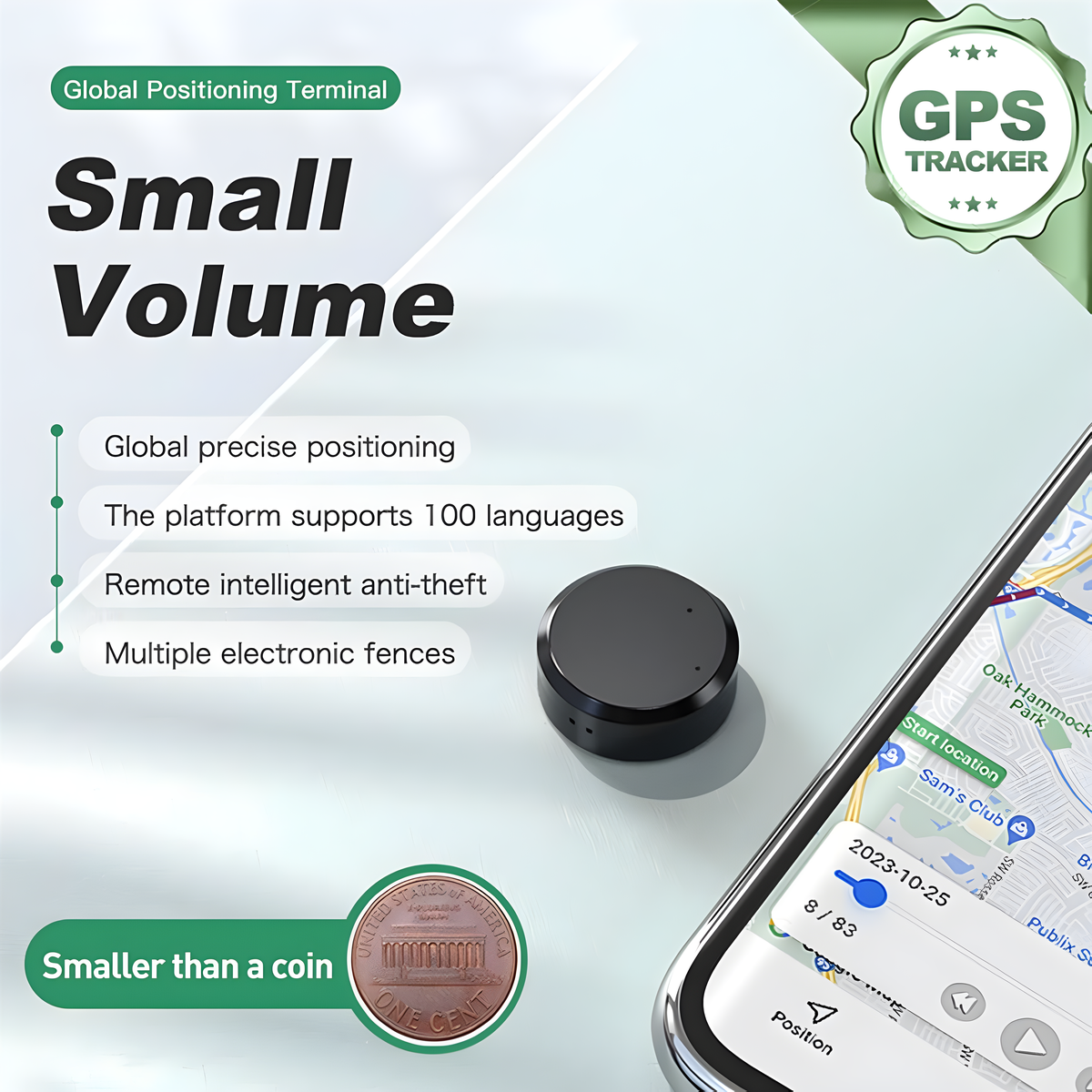 Ein kleiner schwarzer GPS-Tracker, ein Cent und ein Telefon mit einer Karte. Text: Geringes Volumen.