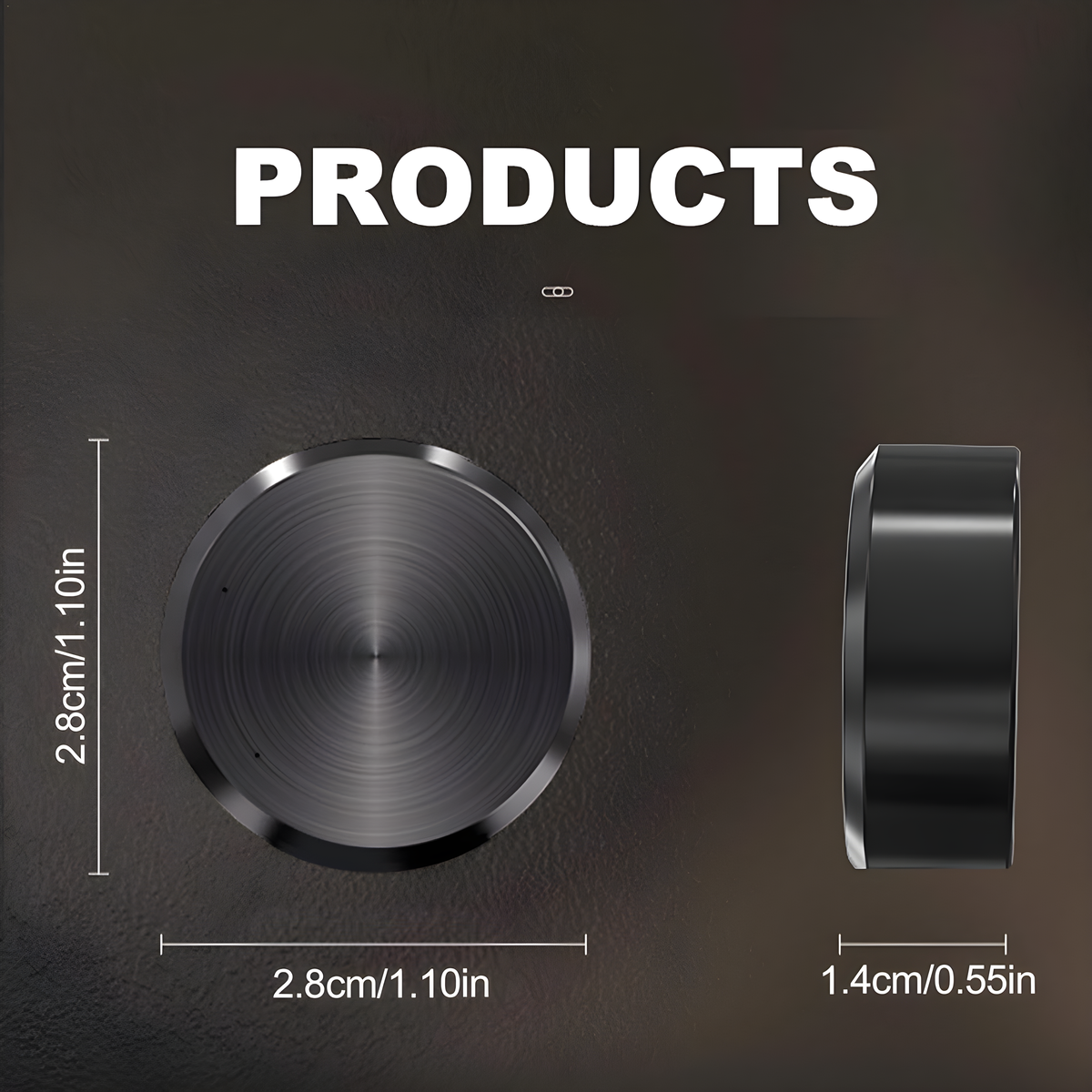 Zwei schwarze kreisförmige Produkte mit Abmessungen, beschriftet mit 'PRODUCTS'. Abmessungen sind 2,8 cm/1,10 Zoll und 1,4 cm/0,55 Zoll.