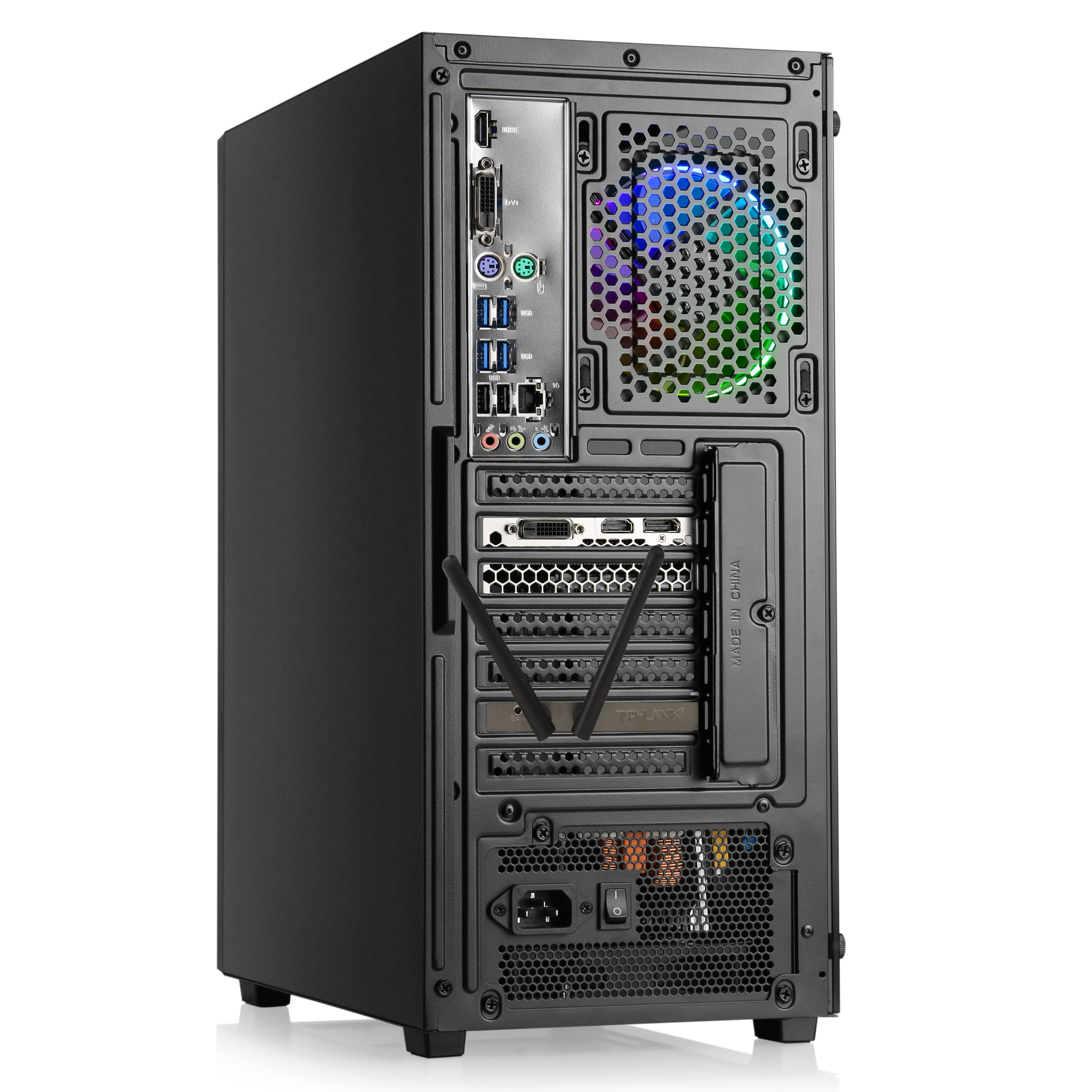 Arrière d'une tour d'ordinateur noire avec ports visibles et ventilateur multicolore.