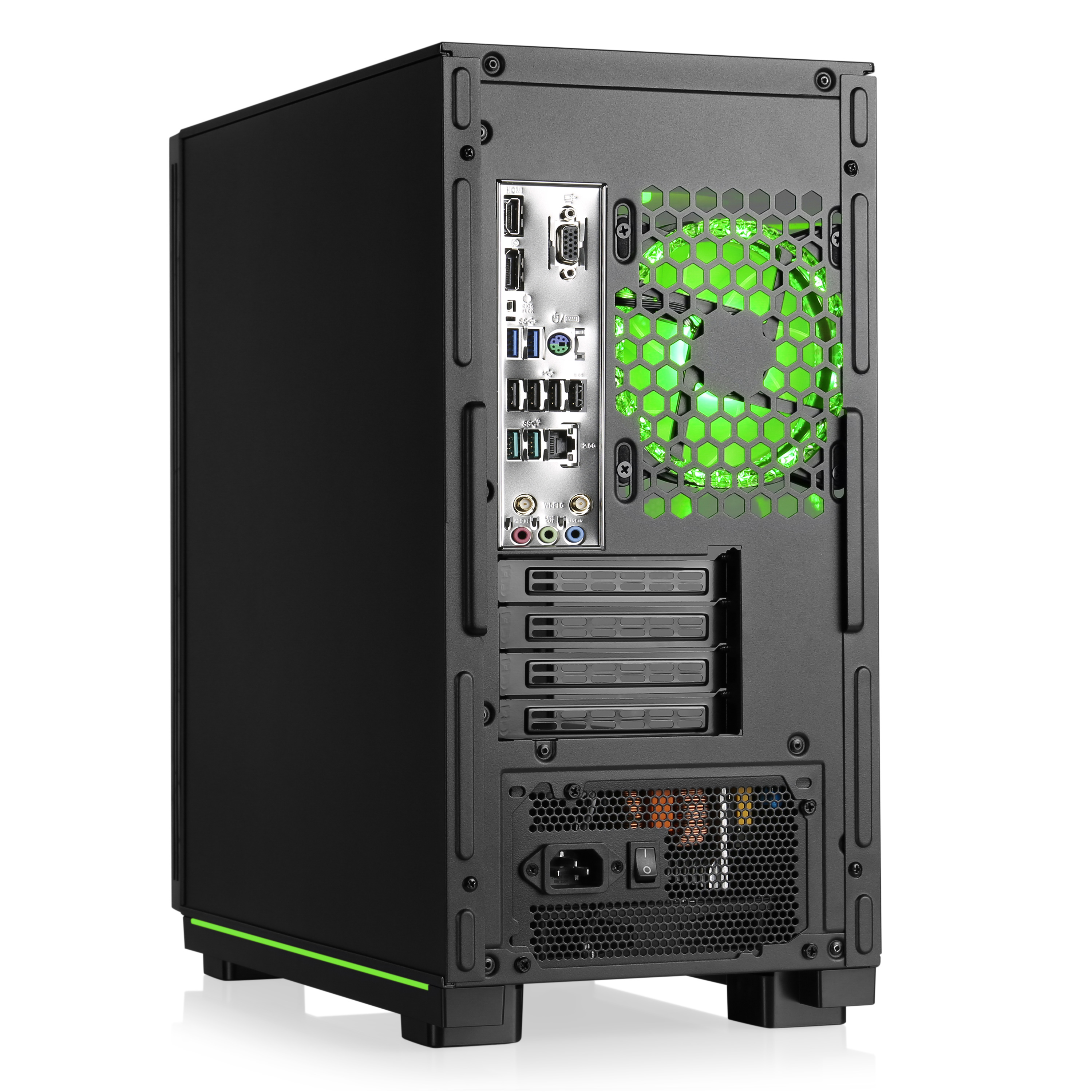 Schwarzes Computer-Tower-Gehäuse mit grüner Beleuchtung. Rückansicht, Anschlüsse.