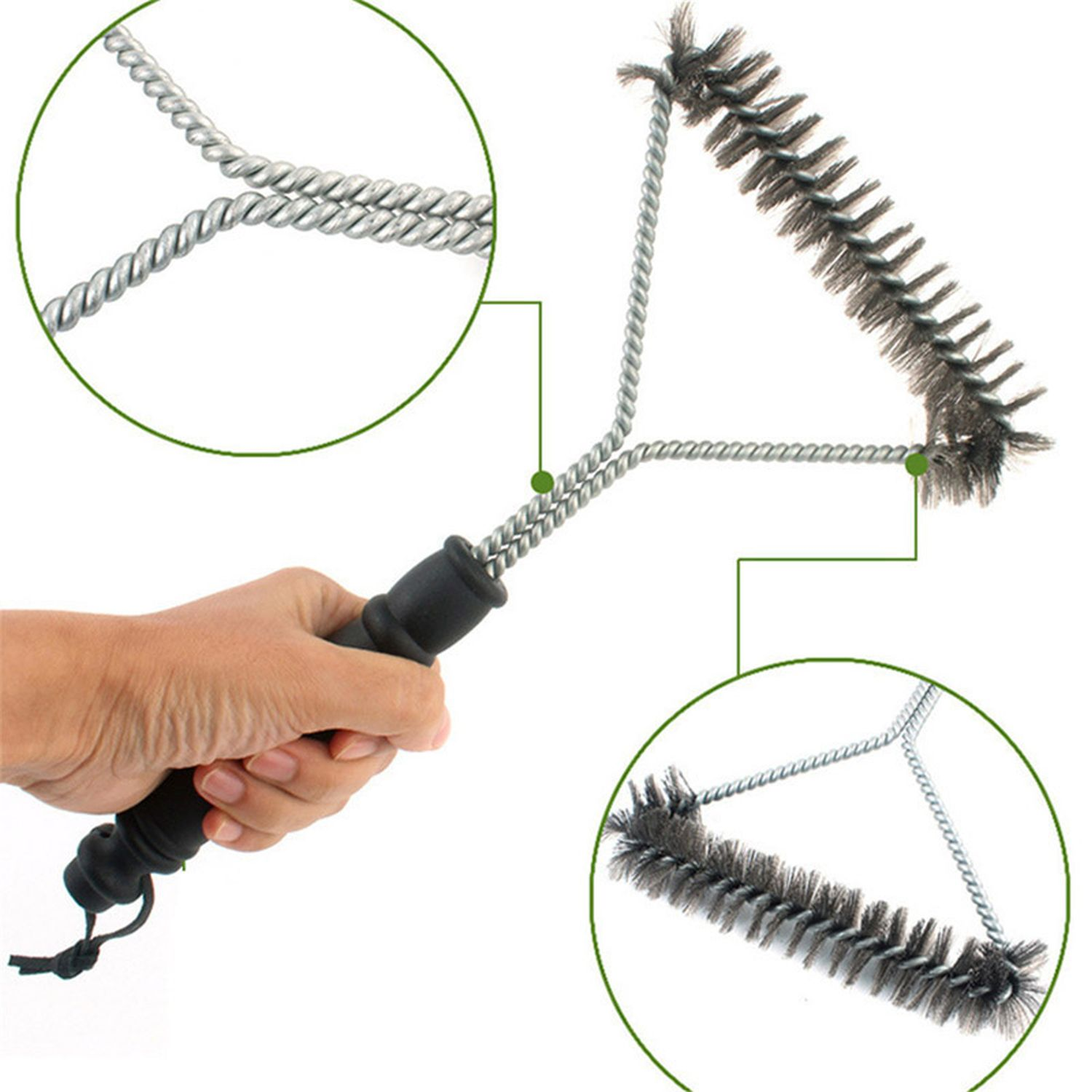 Eine Hand hält eine Grillbürste mit Drahtborsten und Nahaufnahmen der Borsten.