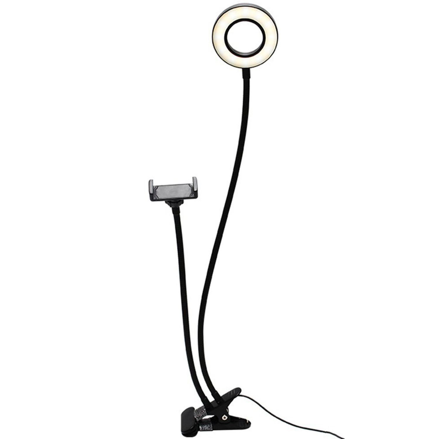 Ringlicht mit Telefonhalter. Das Licht befindet sich an einem flexiblen Arm. Schwarze Basis.
