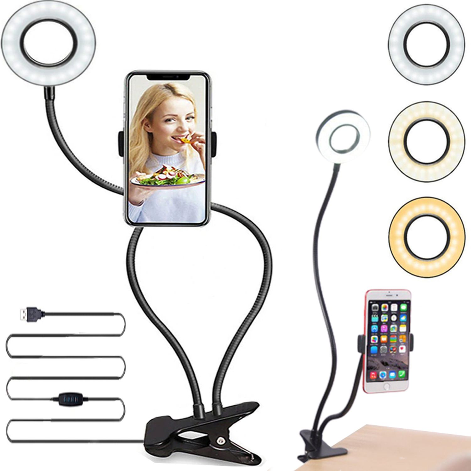 Zwei flexible Telefonhalter mit Ringlichtern, einer mit einer Frau, der andere mit einem Telefon.