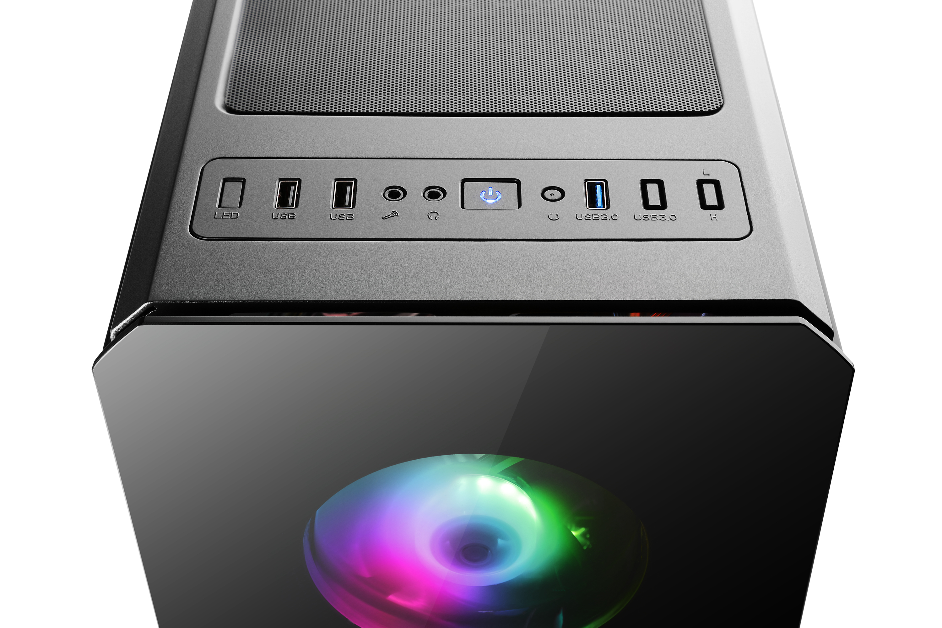 Oberseite des Computergehäuses mit USB-Anschlüssen und Ein-/Ausschalter. Ein leuchtender Lüfter ist sichtbar.