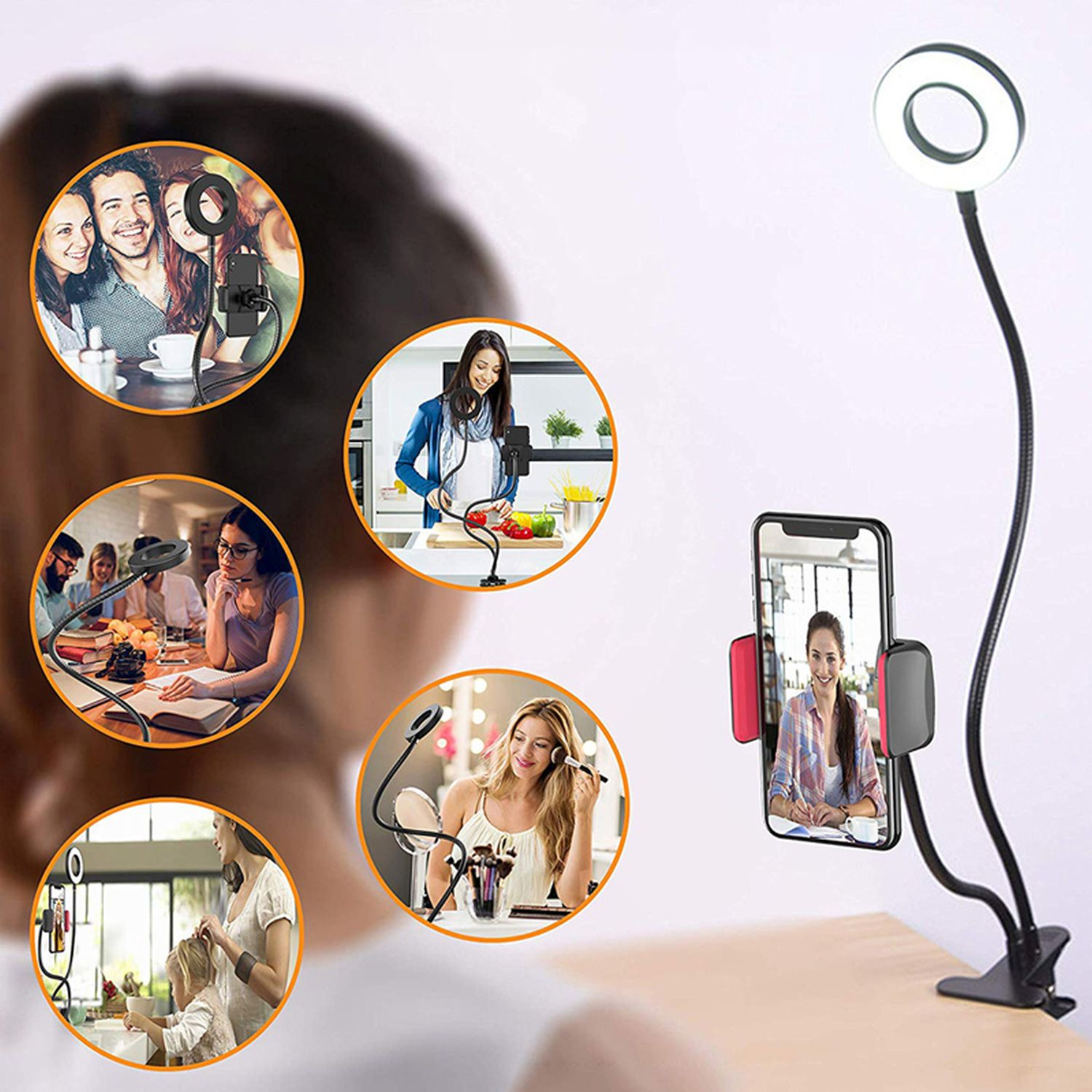Ein Ringlicht mit Telefonhalter wird für Make-up und Live-Streaming verwendet. Mehrere Frauen benutzen Ringlichter in Kreisen.