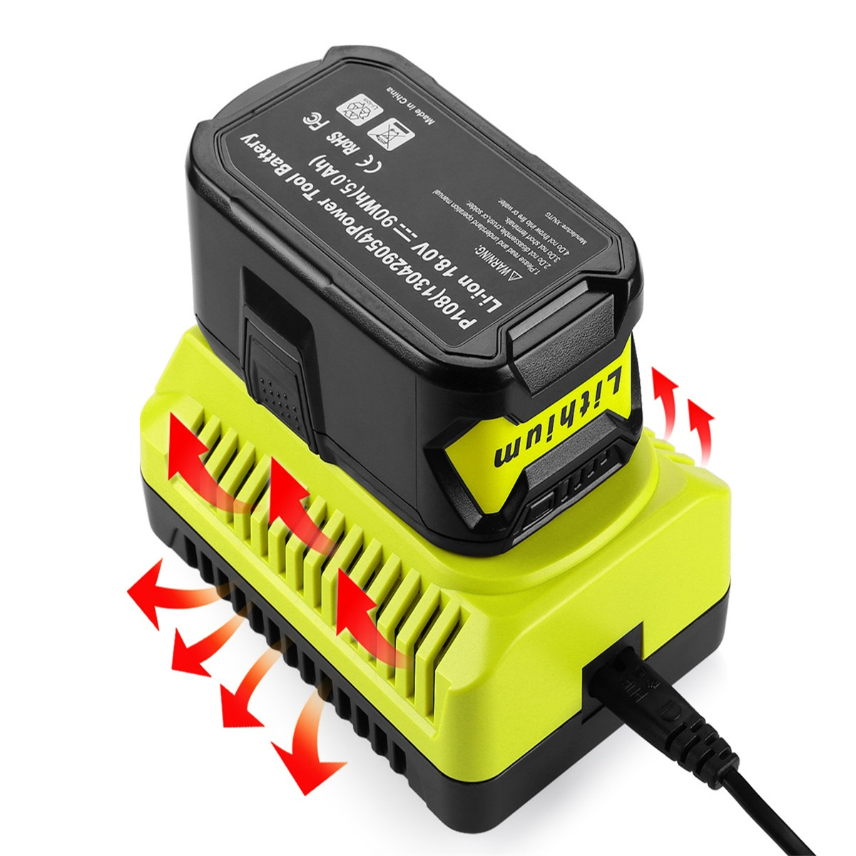 Ein Li-Ion-Akku auf einem Ladegerät, grün und schwarz, mit roten Pfeilen, die den Luftstrom anzeigen.