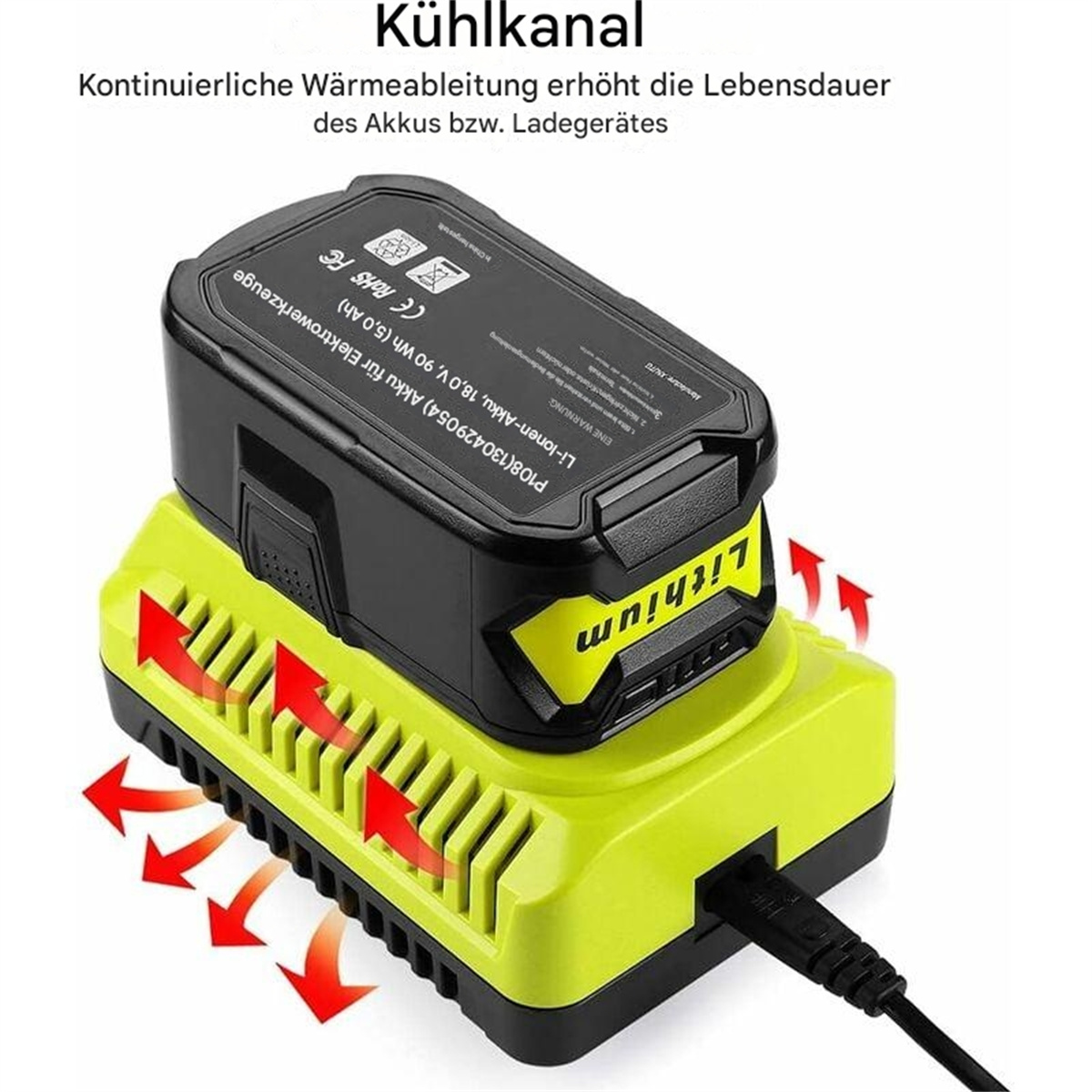 Schwarzes Batterieladegerät mit einer Batterie oben drauf. Rote Pfeile zeigen die Wärmeableitung.
