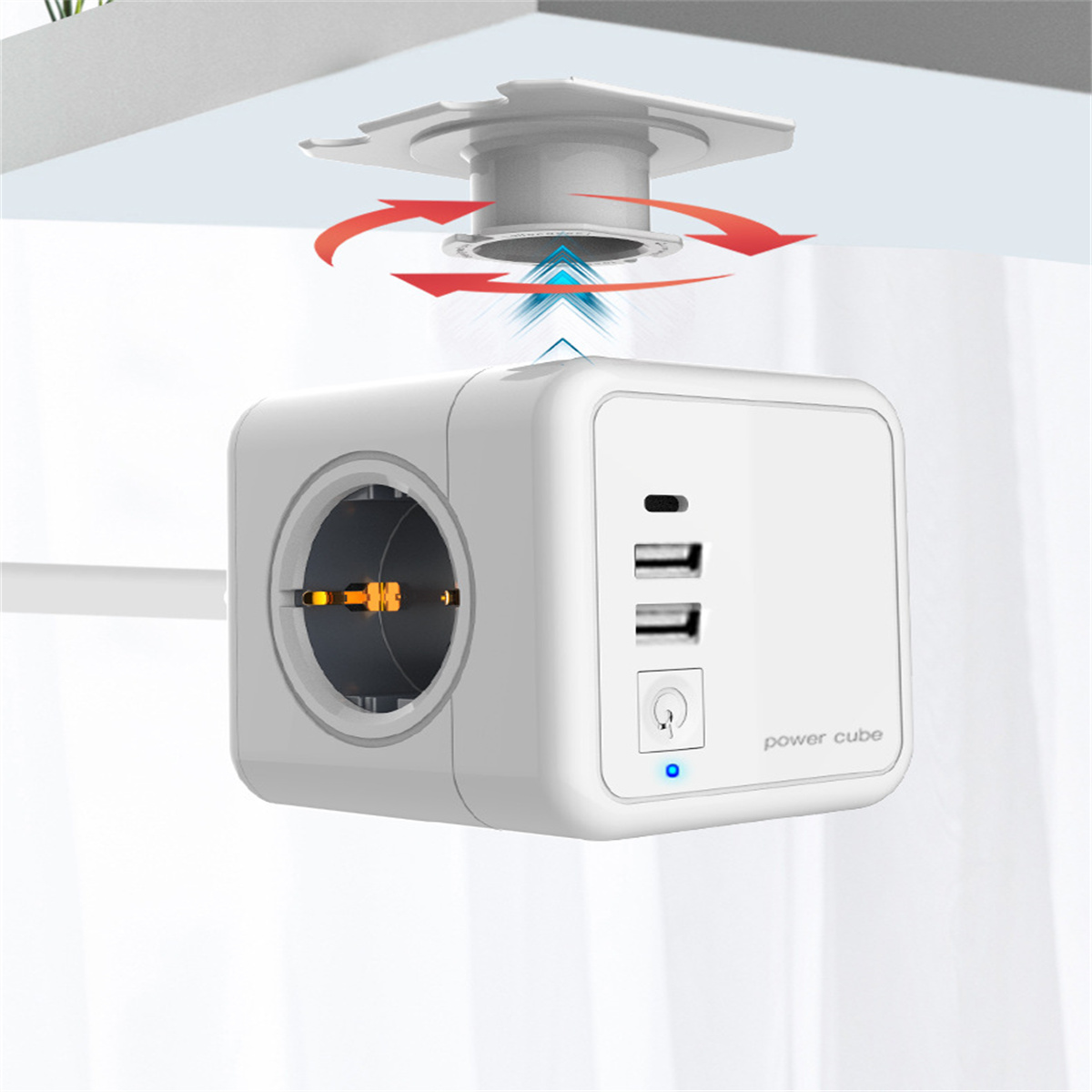 Weißer Power Cube mit Steckdosen, USB-Anschlüssen und blauem Licht.