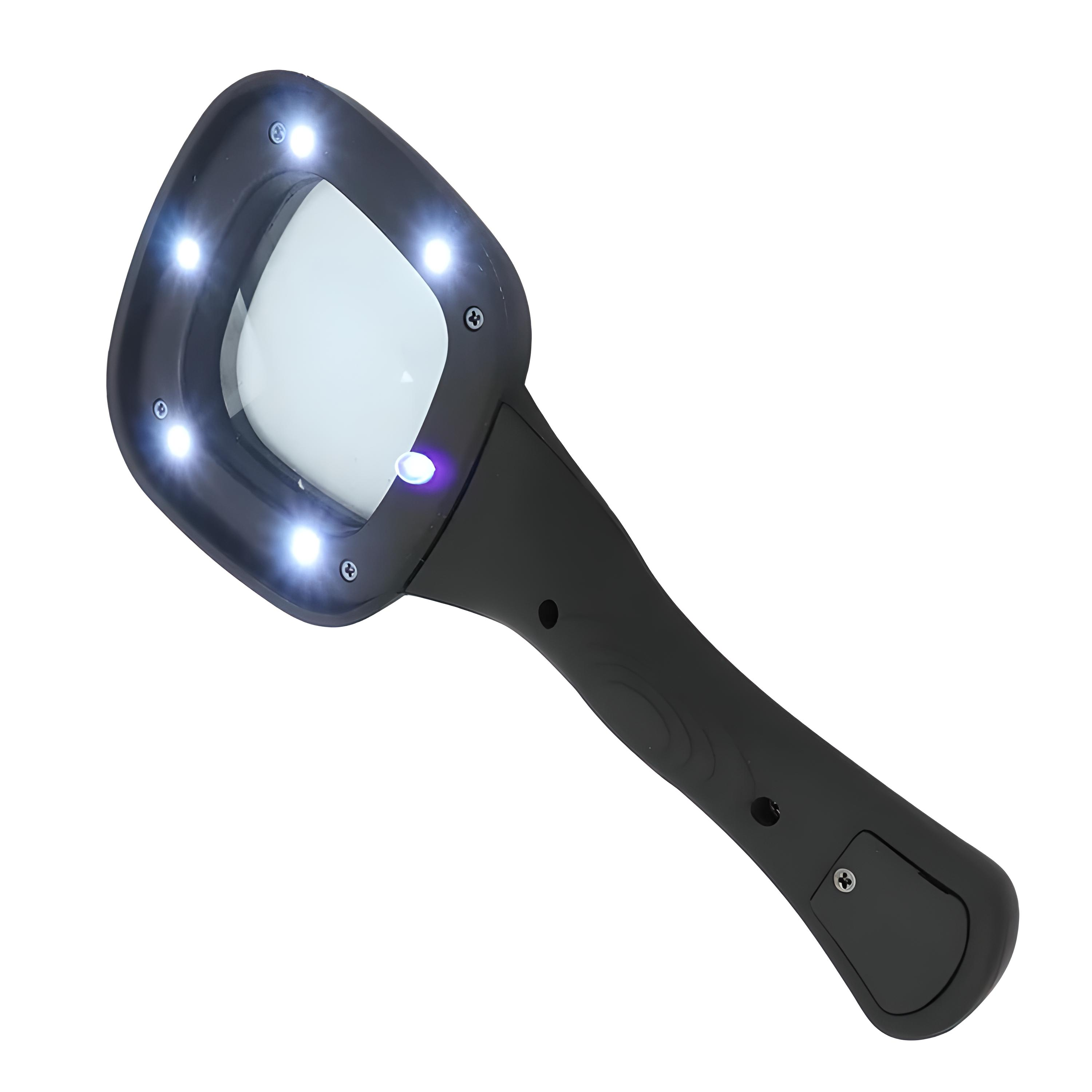 Schwarze Lupe mit LED-Leuchten um die Linse und einem schwarzen Griff.