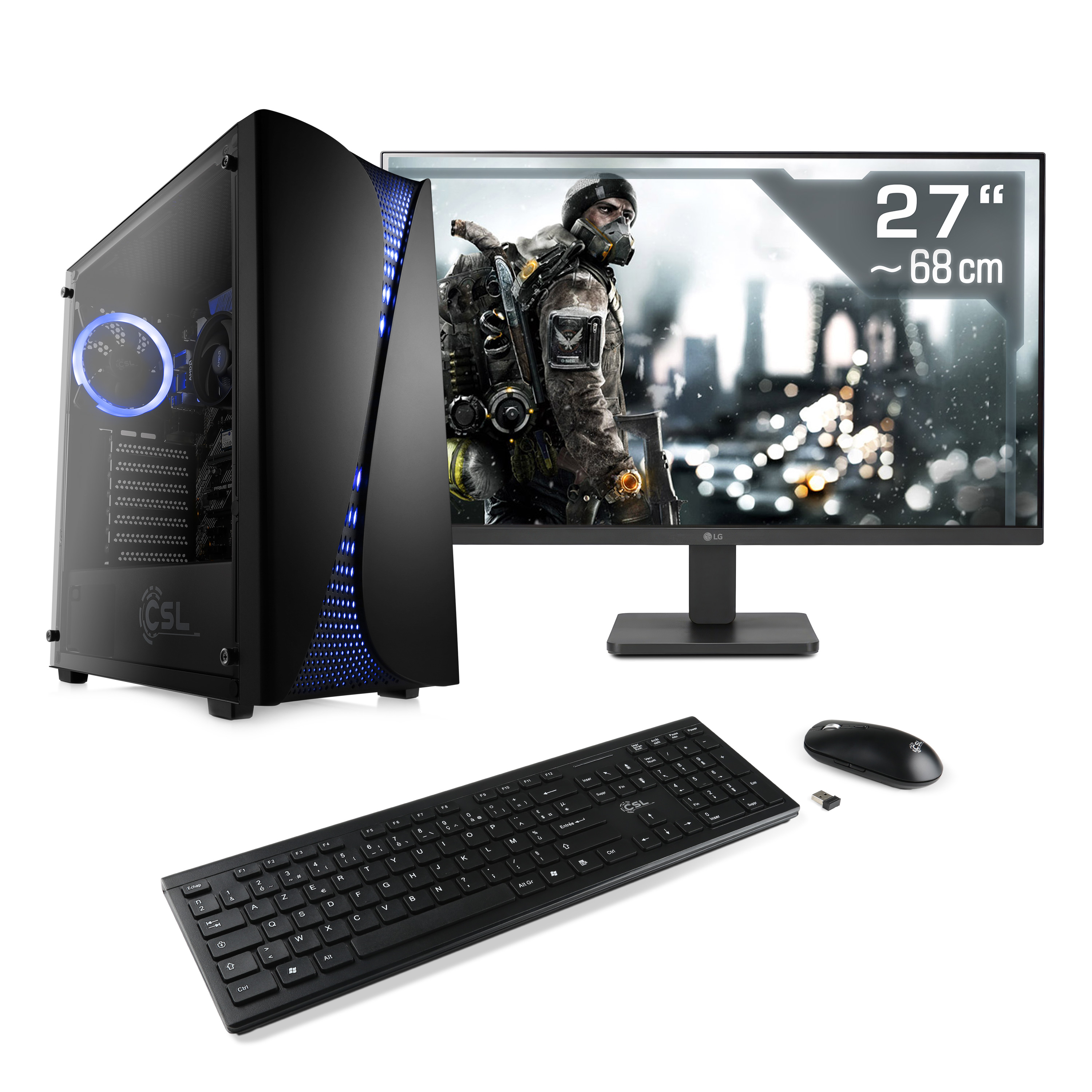 Desktop-PC, Monitor, Tastatur und Maus. Der Monitor zeigt einen Soldaten. Der PC ist schwarz mit blauen Lichtern.