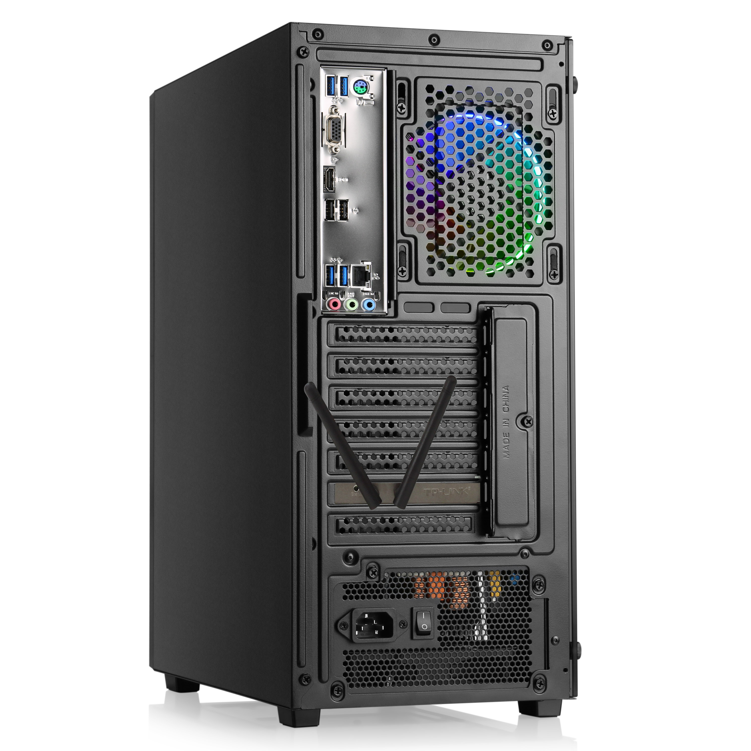 Rückseite eines schwarzen PC-Gehäuses. Enthält Anschlüsse, Lüfter und andere Komponenten. Weißer Hintergrund.