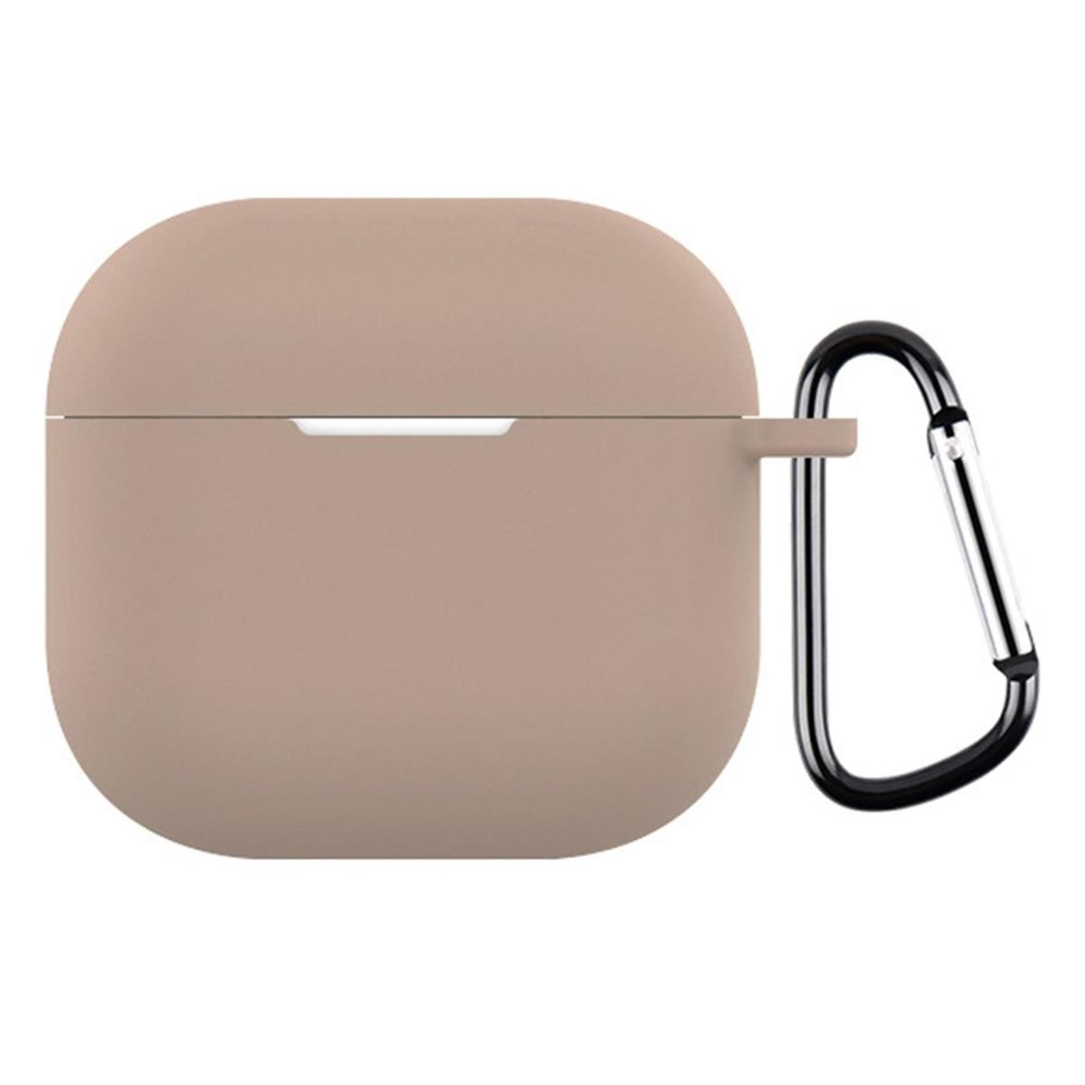 Ein taupefarbenes Ohrhörer-Etui mit einem schwarzen Karabiner.
