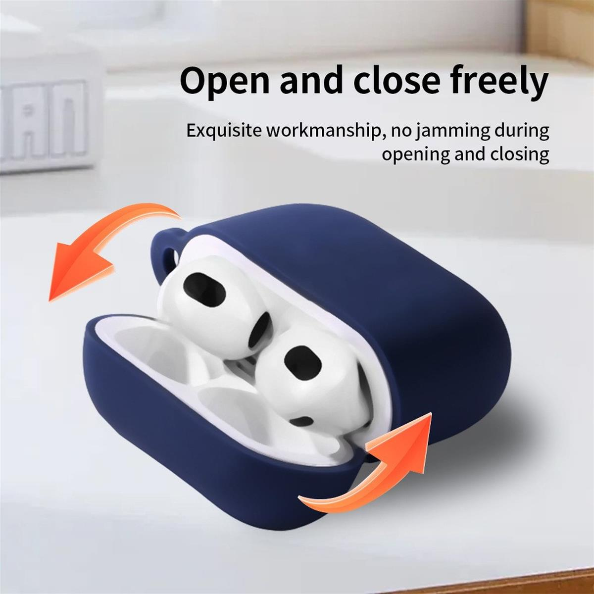 Eine blaue AirPods-Hülle mit AirPods darin und orangefarbenen Pfeilen, die das Öffnen und Schließen anzeigen.