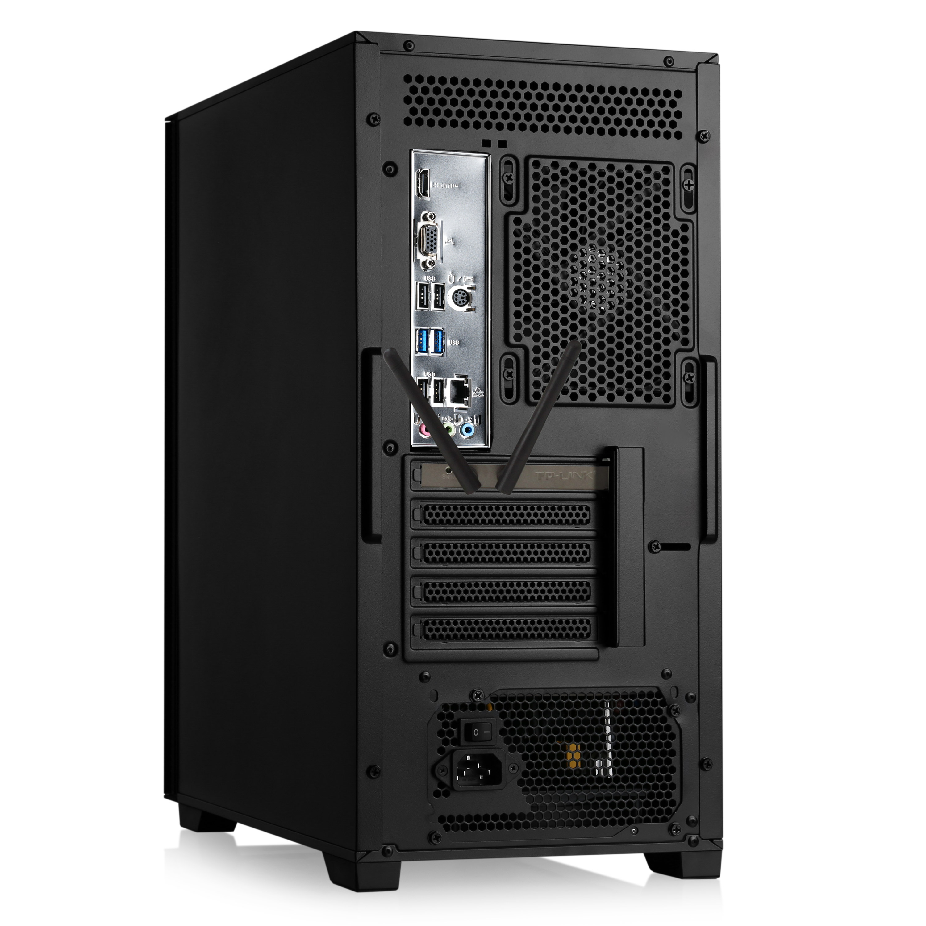 Schwarzes Computergehäuse, Rückansicht, Anschlüsse sichtbar.
