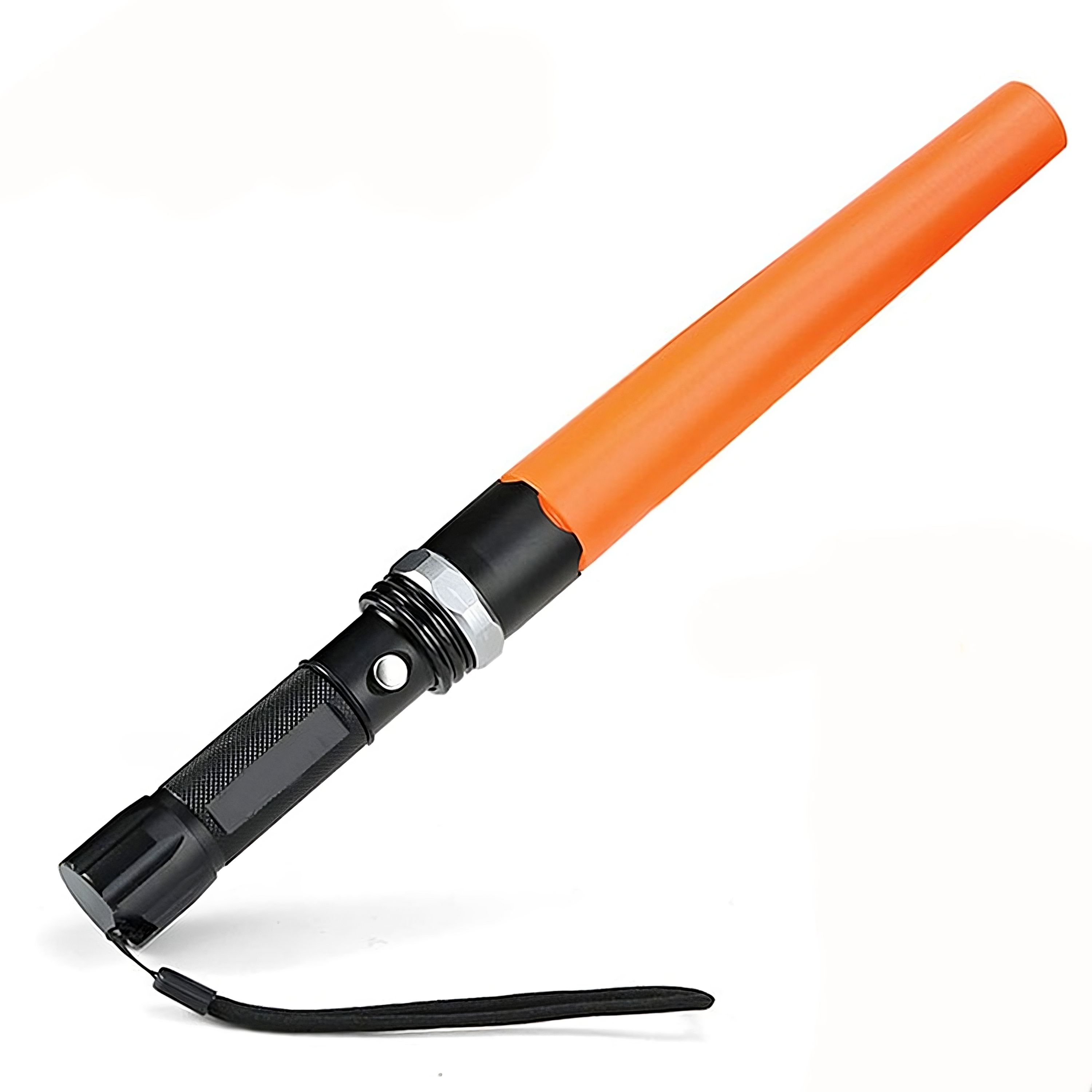 Orangene und schwarze Verkehrswarte, mit schwarzer Handschlaufe.