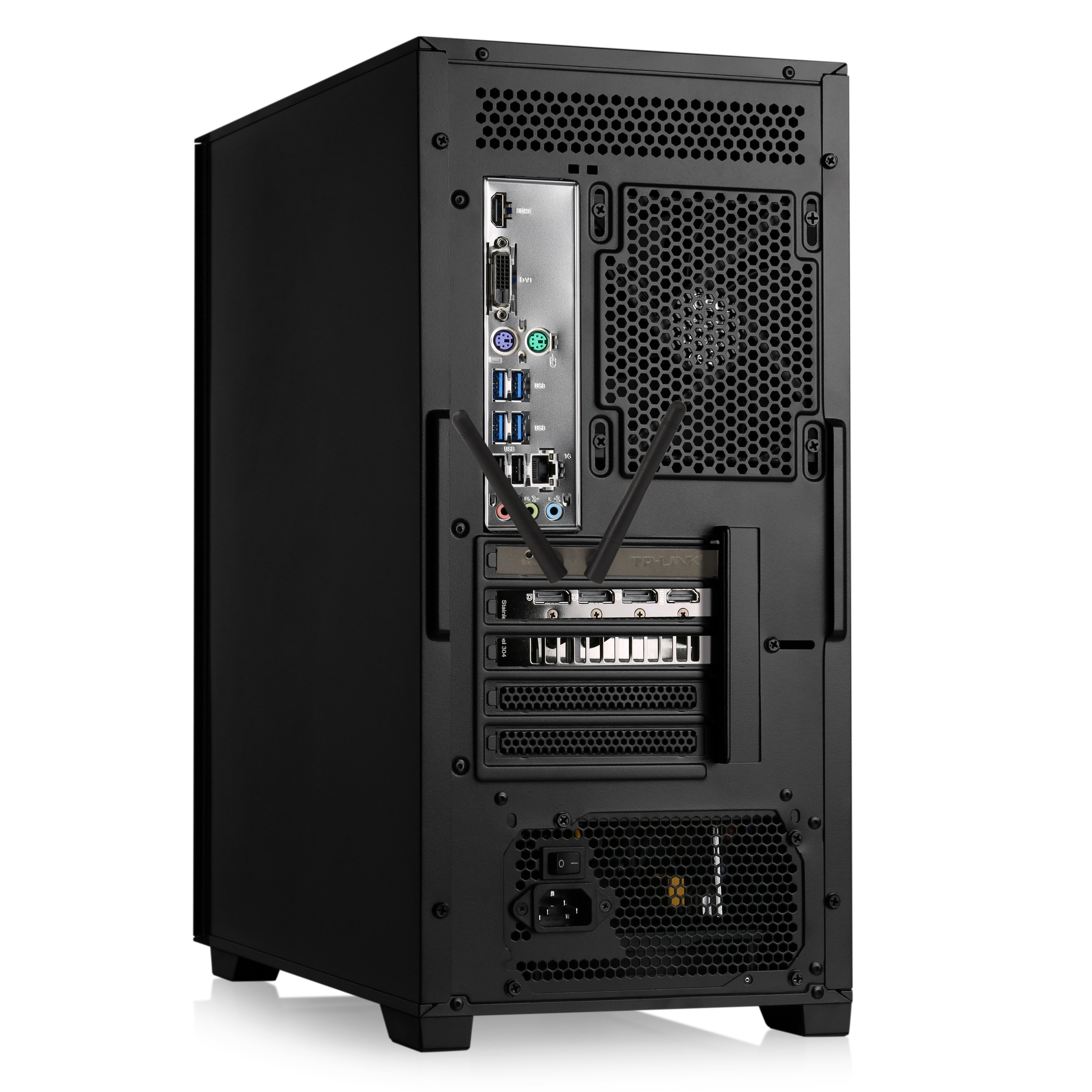 Rückansicht eines schwarzen Computerturms mit verschiedenen Anschlüssen und einer Mesh-Seitenwand.