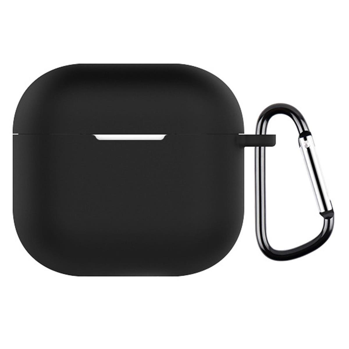 Schwarzes AirPods-Etui mit silbernem Karabiner. Etui ist geschlossen. Isoliert auf weißem Hintergrund.