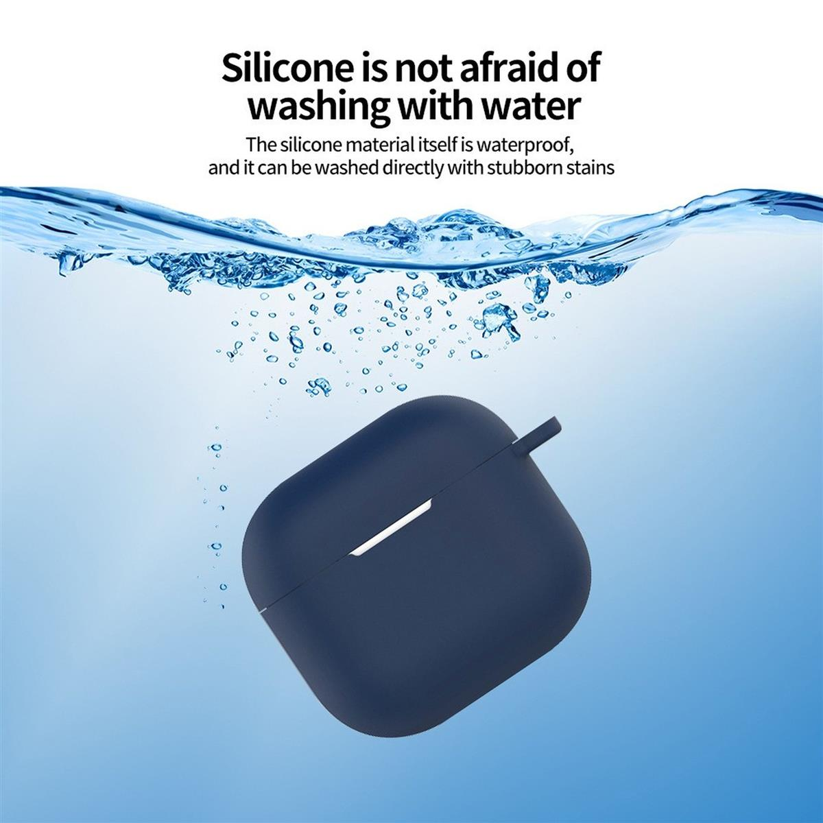Blaue Silikonhülle unter Wasser. Text besagt, dass Silikon wasserdicht und waschbar ist.