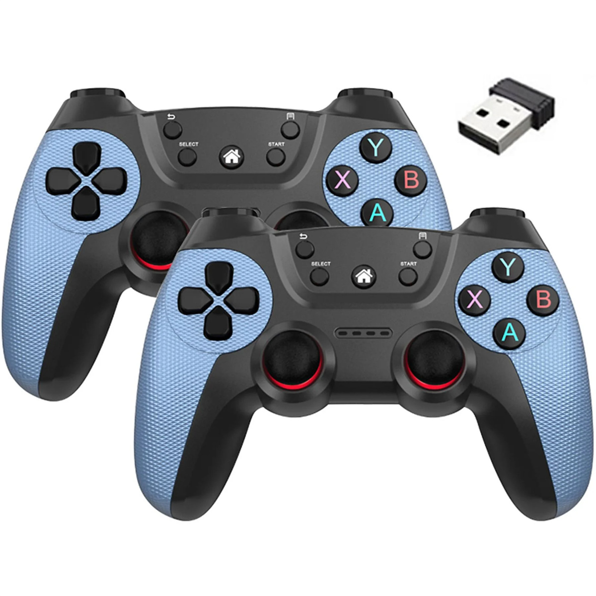 Zwei blau-schwarze Gamecontroller mit USB-Empfänger. Jeder Controller hat Tasten A, B, X, Y.