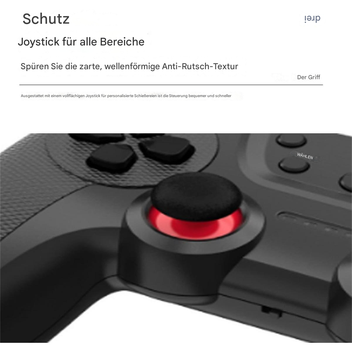 Schwarzer Joystick-Controller mit roter Mitteltaste. Nahaufnahme mit Text.