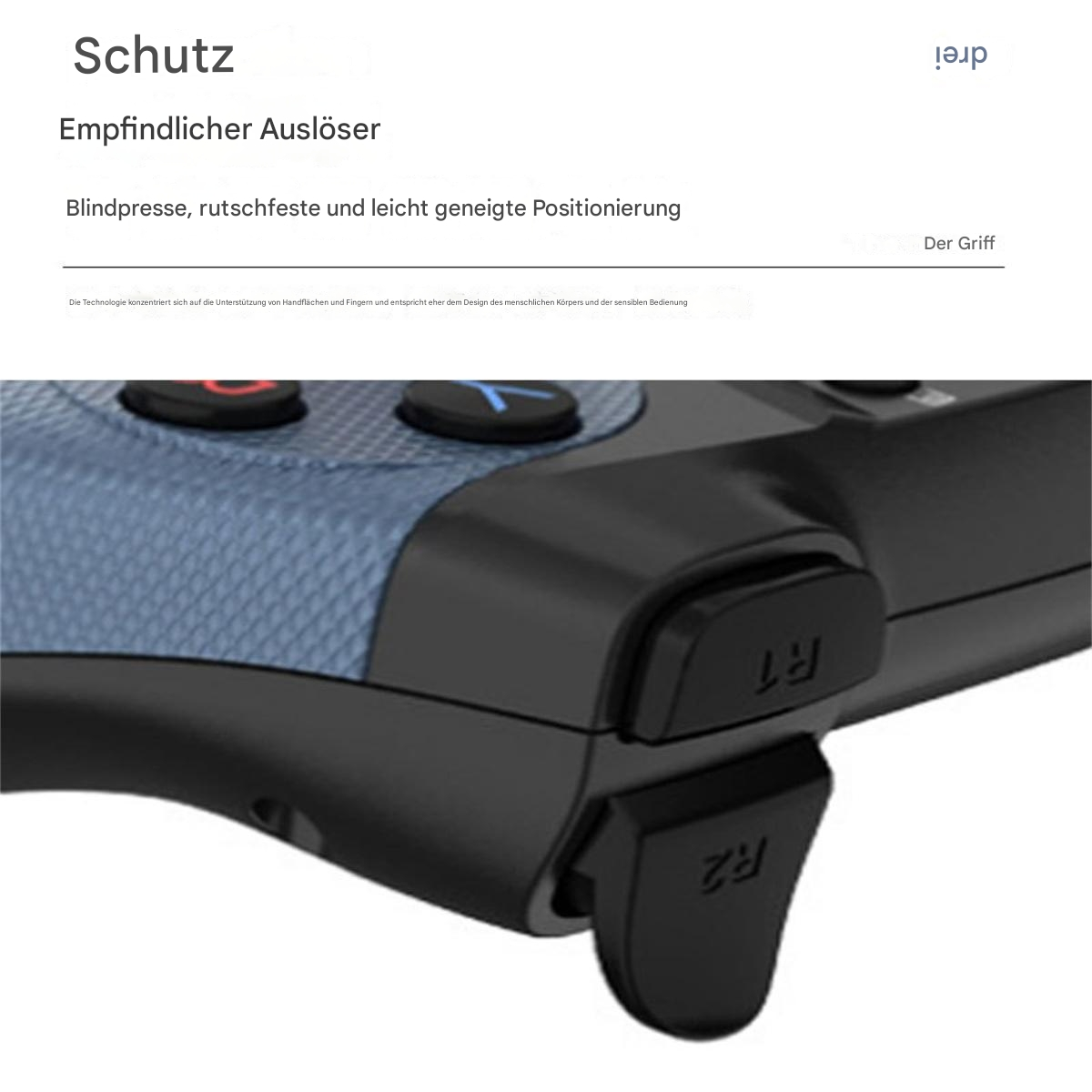 Nahaufnahme eines schwarzen Gamepads mit sichtbaren Tasten R1 und R2.