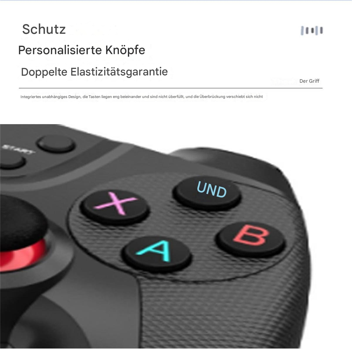 Ein schwarzer Gamecontroller mit den Tasten X, A, B und UND.