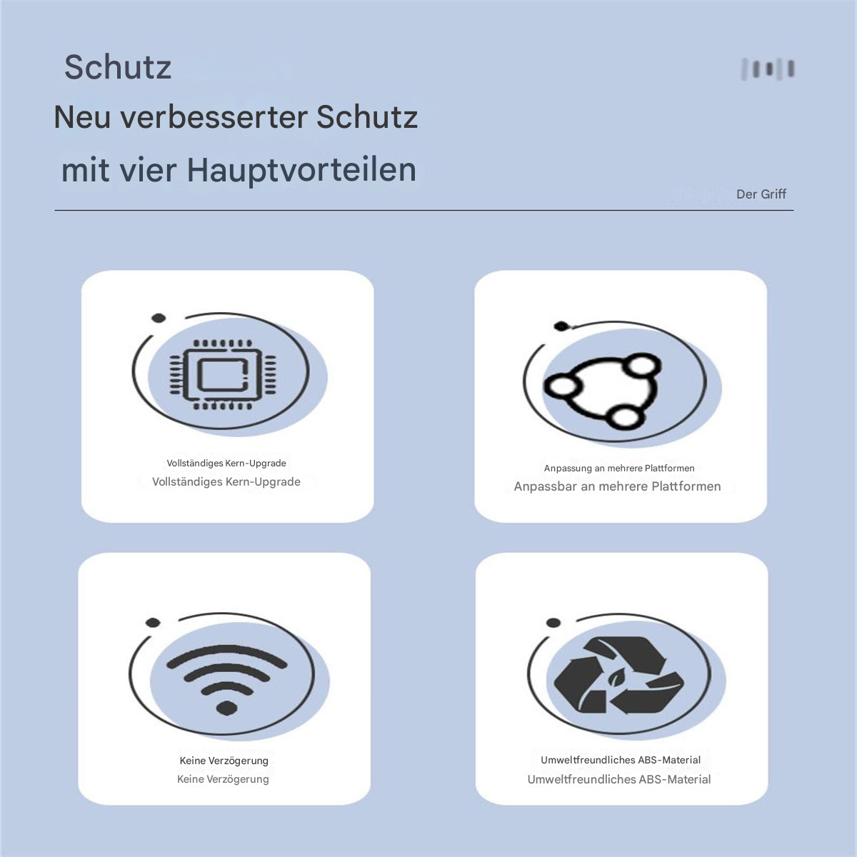 Infografik mit vier Symbolen: eine Leiterplatte, ein Netzwerk, ein WLAN-Symbol und ein Recyclingsymbol. Blauer Hintergrund.