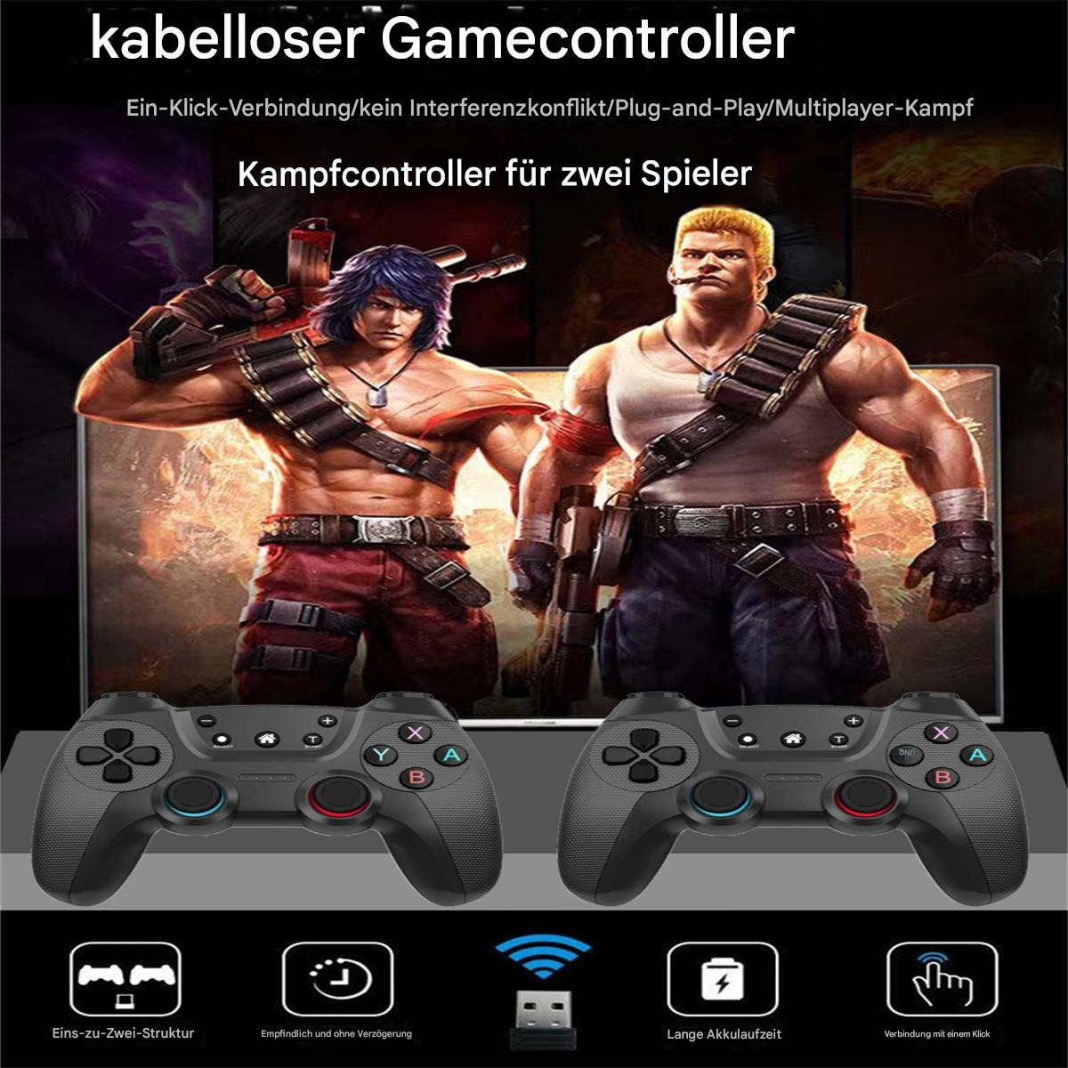 Zwei Gamecontroller mit Schlachtszene im Hintergrund und Symbolen für Funktionen, z.B. lange Akkulaufzeit.