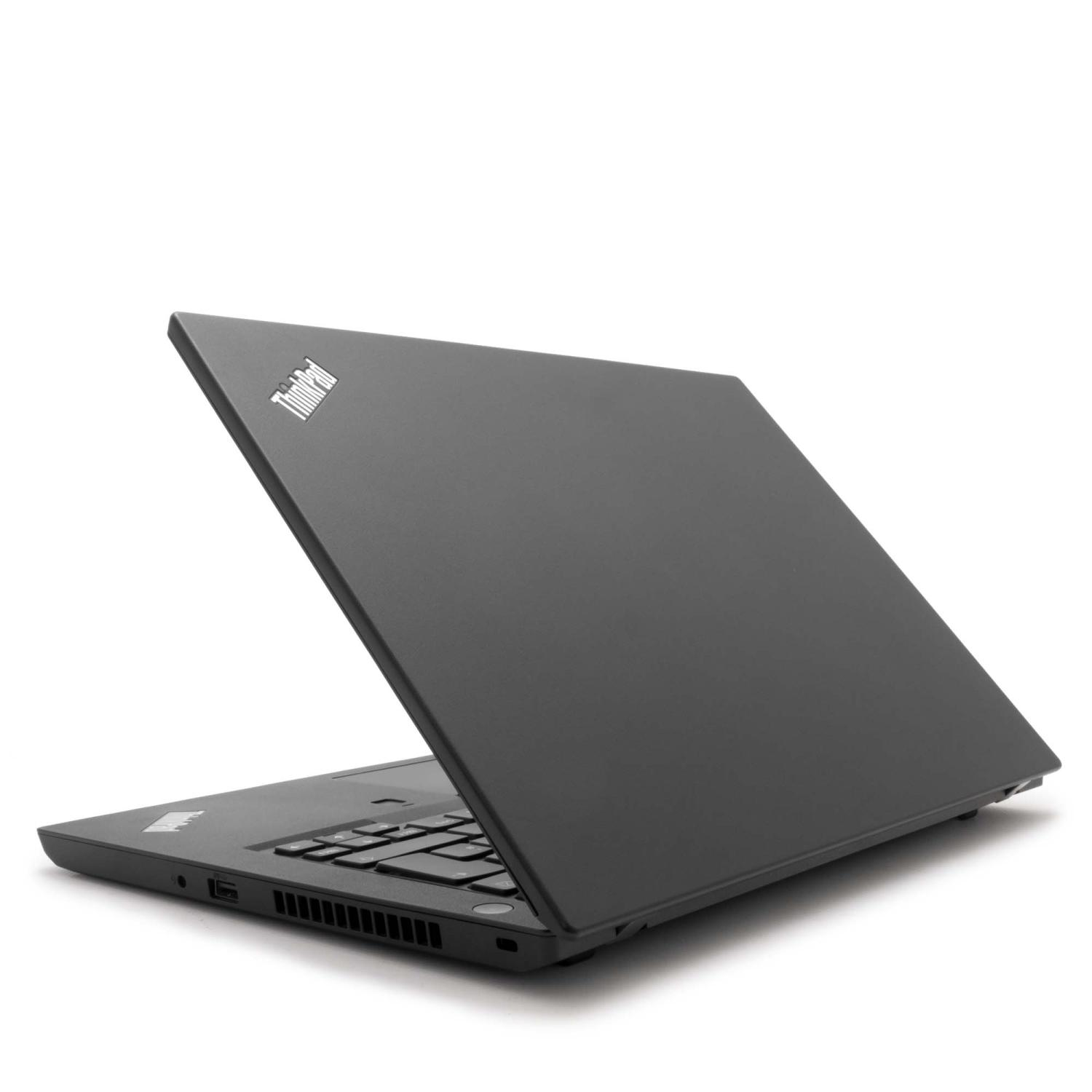 Schwarzer Laptop, Deckel leicht geöffnet. ThinkPad-Logo oben sichtbar. Weißer Hintergrund.